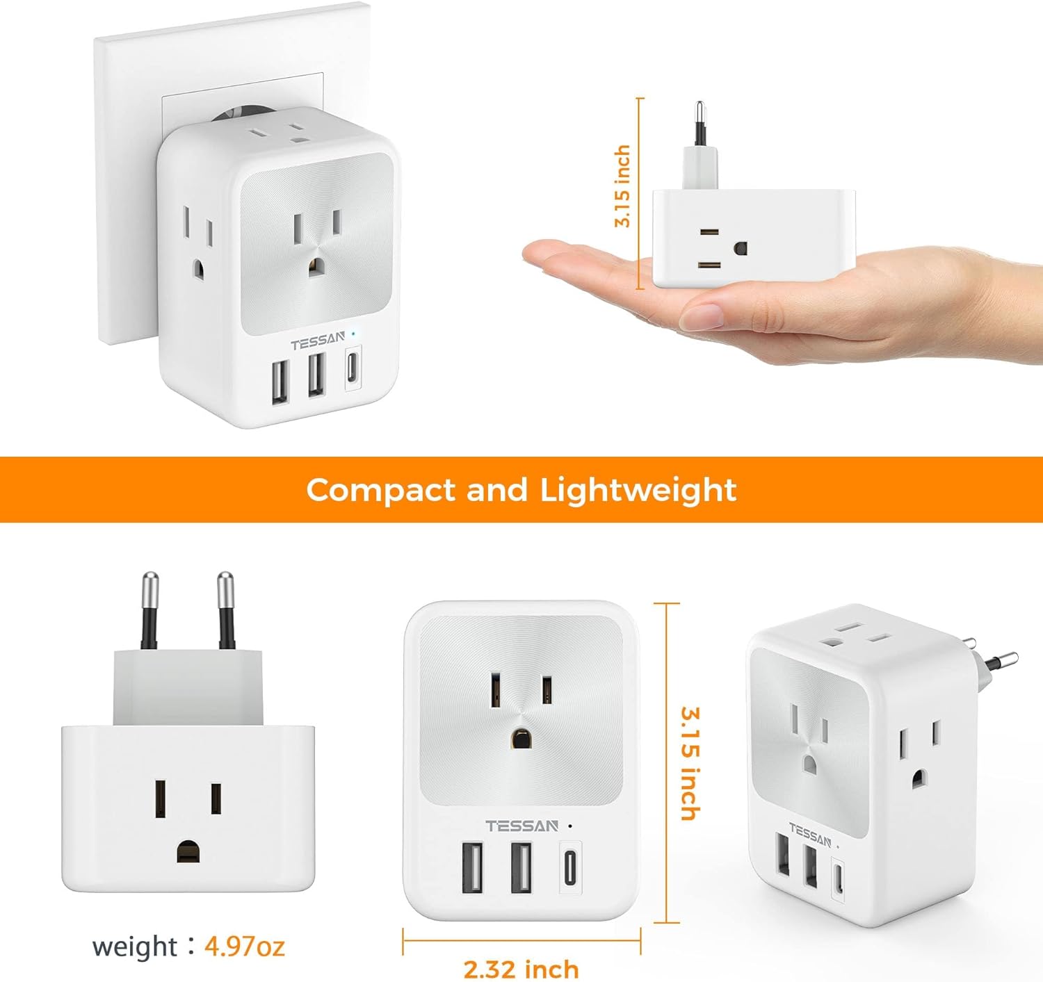 TESSAN US to Europe Power Adaptor with 4 Outlets and 1 USB C, 2 Packs