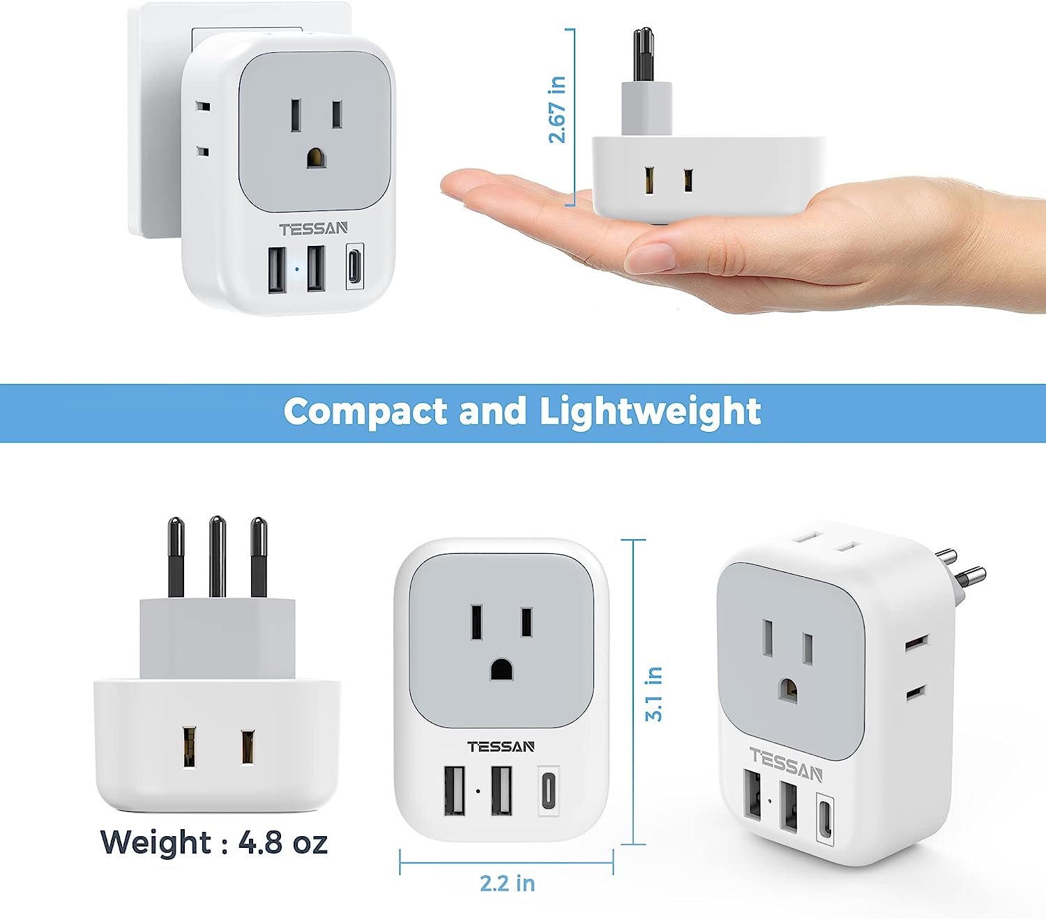 TESSAN US to Brazil Travel Plug with 4 American Outlets 3 USB Charger (1 USB C Port)