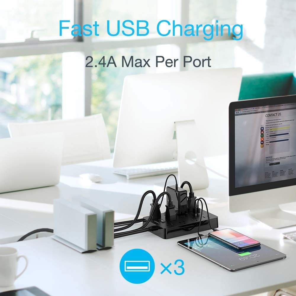 TESSAN Flat Plug Power Strip with 10 Widely Spaced AC Outlets and 3 Charging Ports