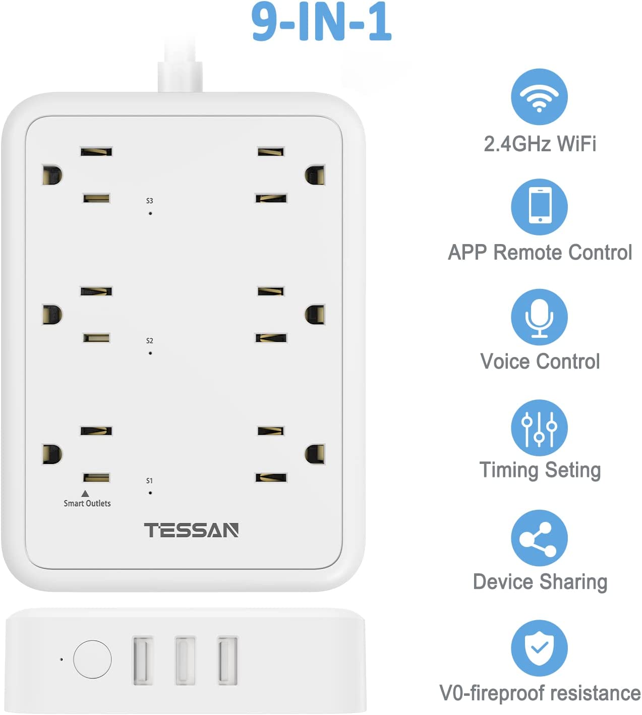 TESSAN WiFi Flat Plug Strip with 3 Smart Outlets and 3 USB Ports, 6 Feet Extension Cord