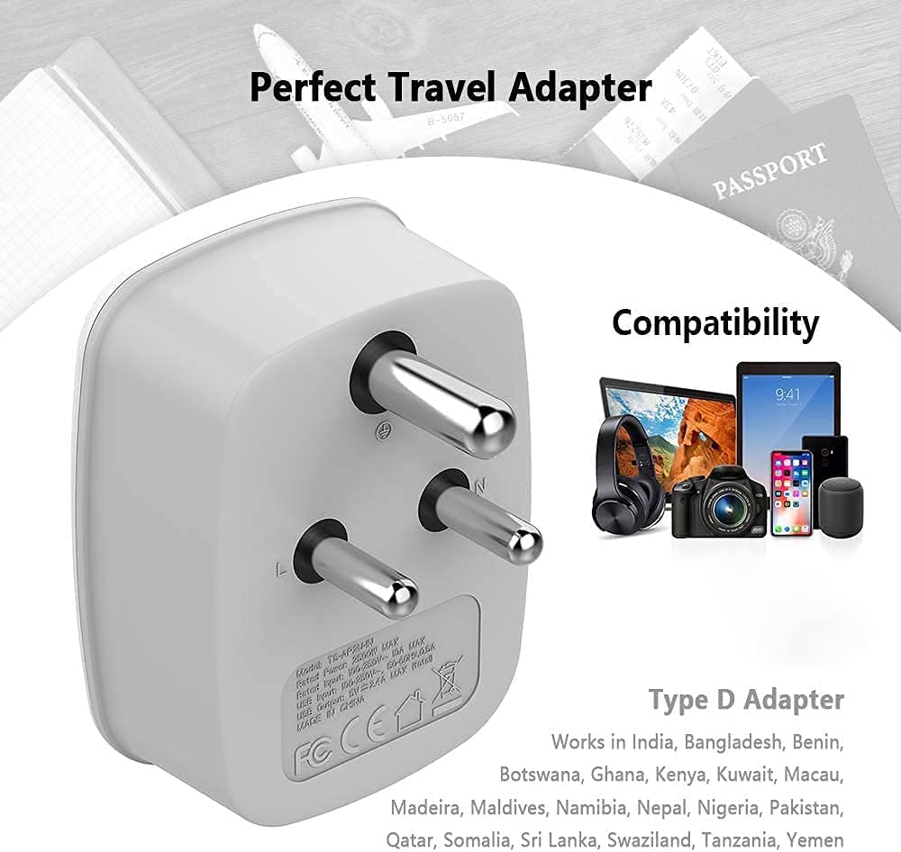 US To India/Nepal Travel Plug Adapter with 2 USB (Type D Plug)