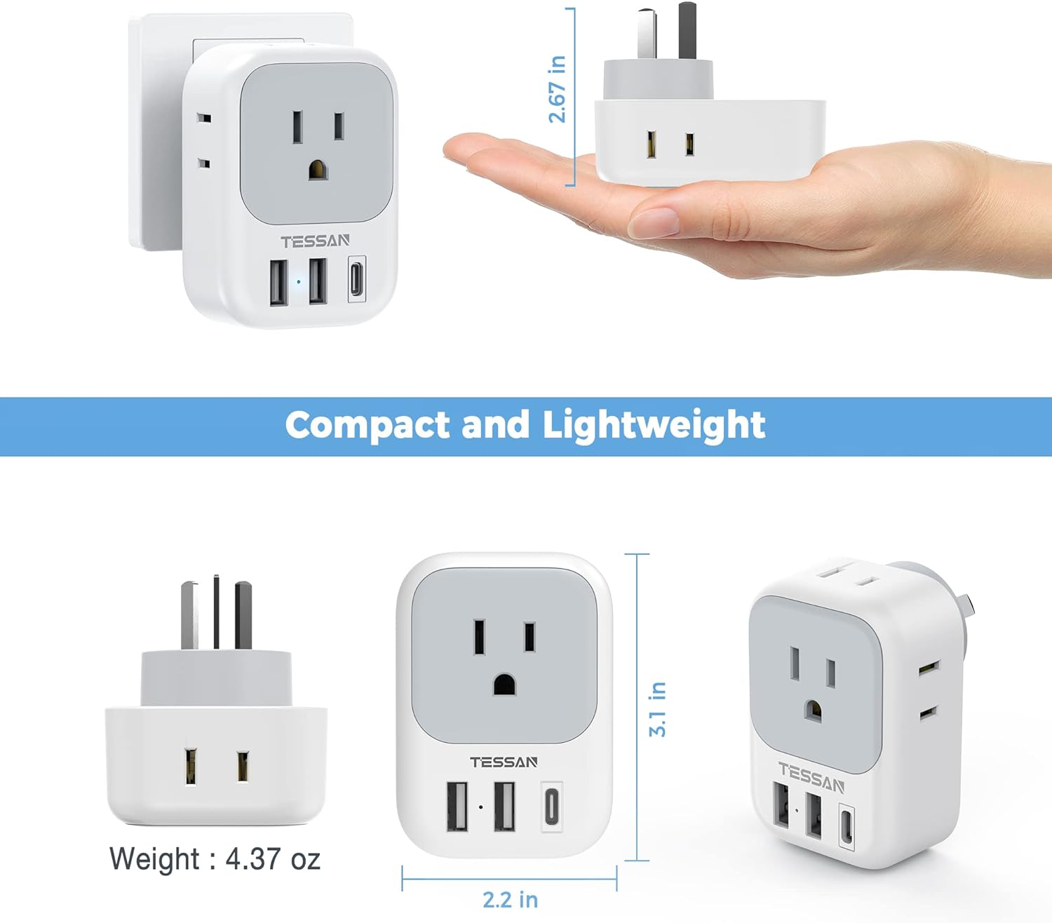 TESSAN Australian Power Adaptor with 4 Outlets 3 USB Charging Ports (1 USB C)