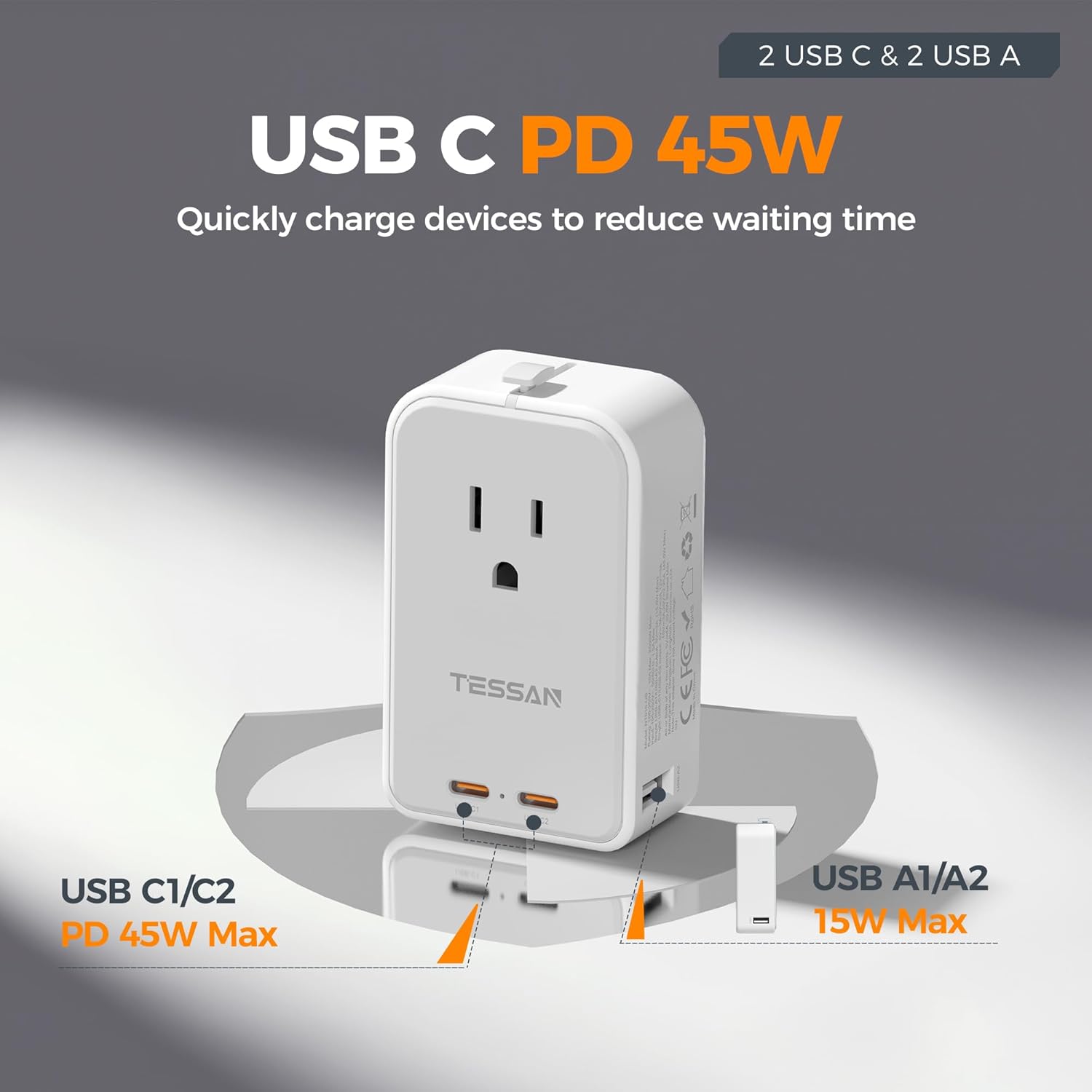 TESSAN Universal Travel Adapter PD 45W