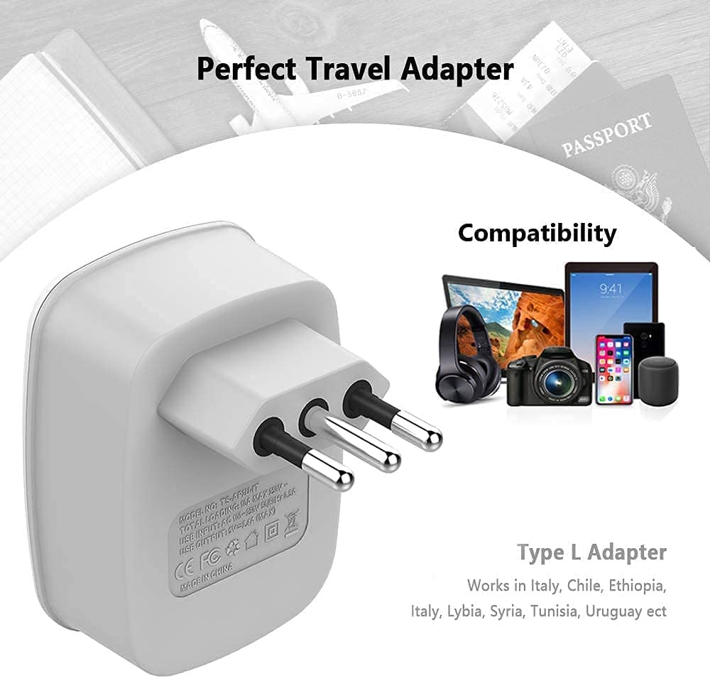 TESSAN Italy Travel Power Adapter, Grounded Plug Converter with Dual USB Charging Ports