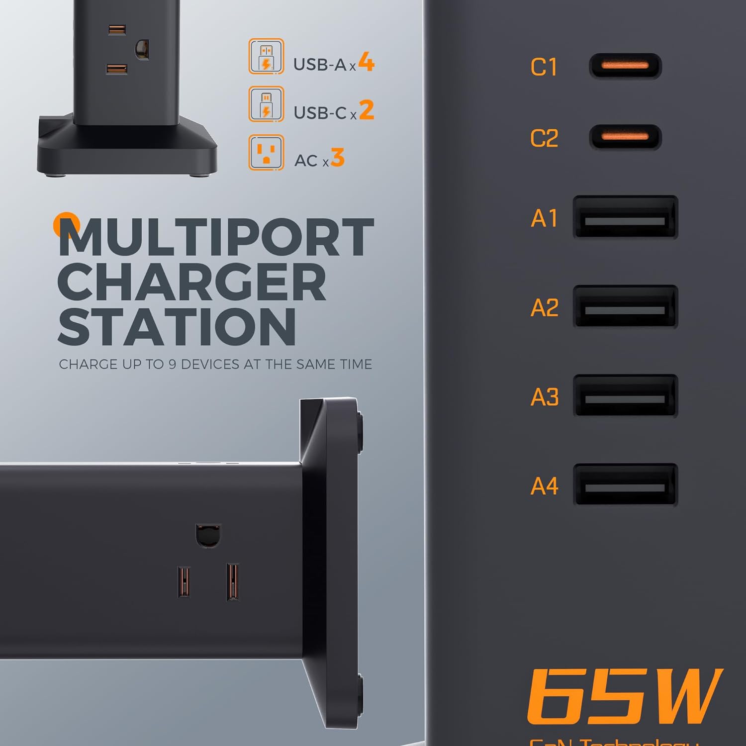 TESSAN 65W Desk Charging Station, 6 Port GaN USB Fast Charger Tower with 3 Outlets