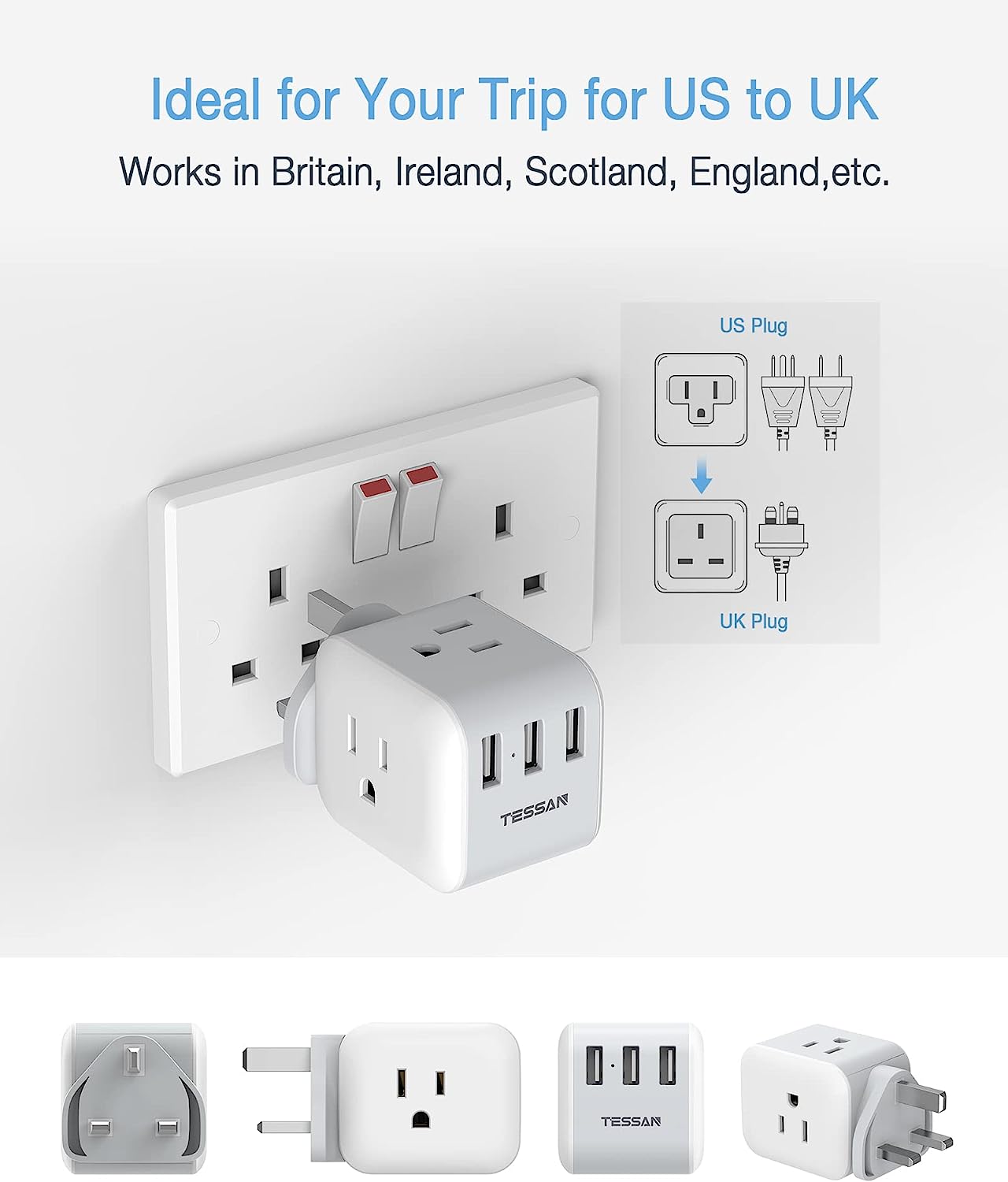 TESSAN US to UK Travel Adapter with 3 Outlets and 2 USB Ports