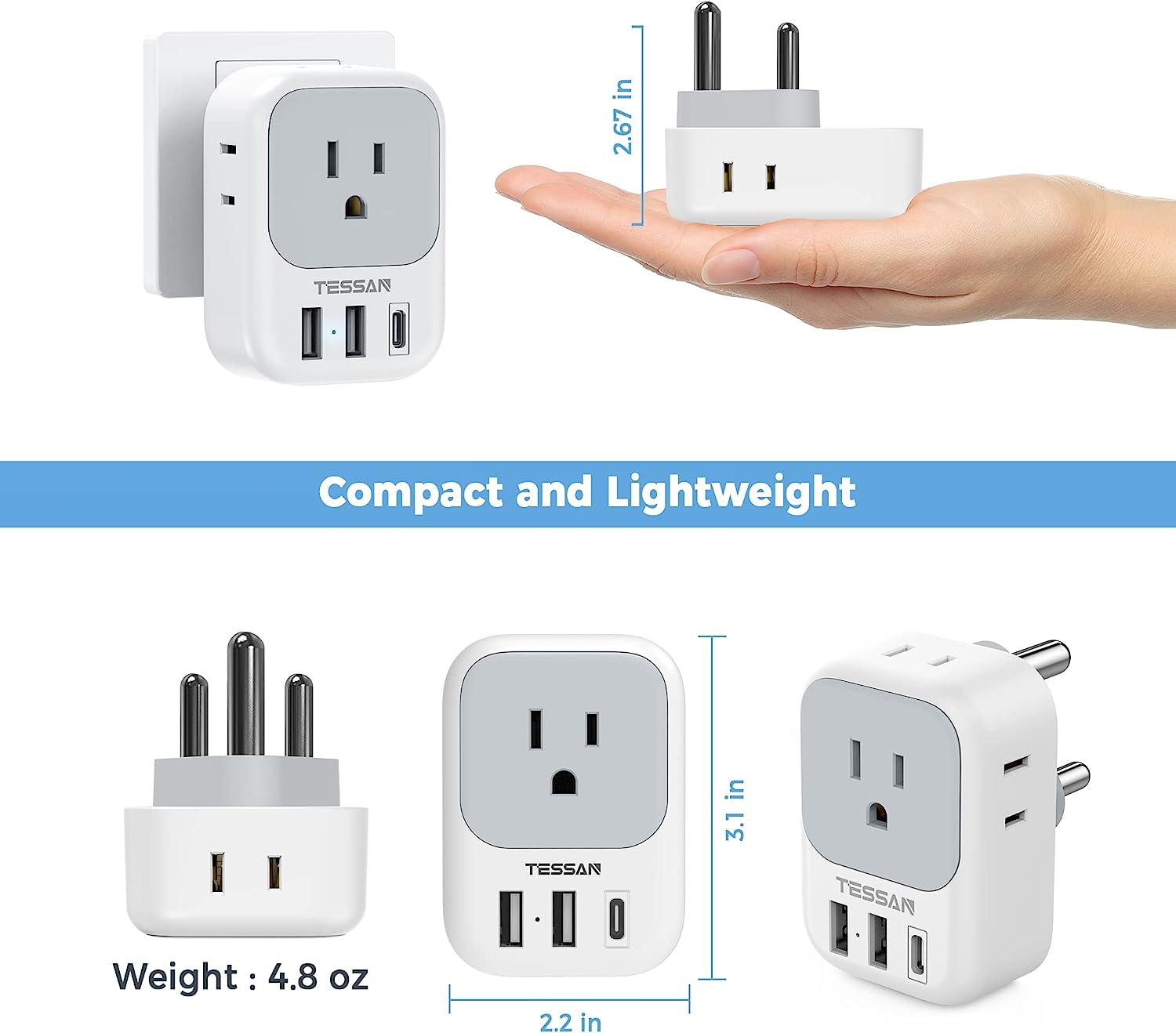 TESSAN South Africa Power Adapter with 4 American Outlets 3 USB Charger (1 USB C Port)