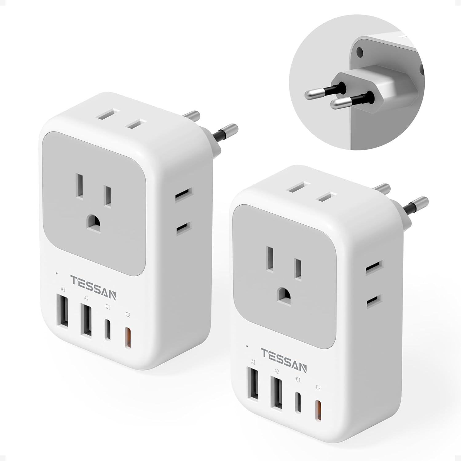 TESSAN European Travel Plug Adapter With AC & USB Ports