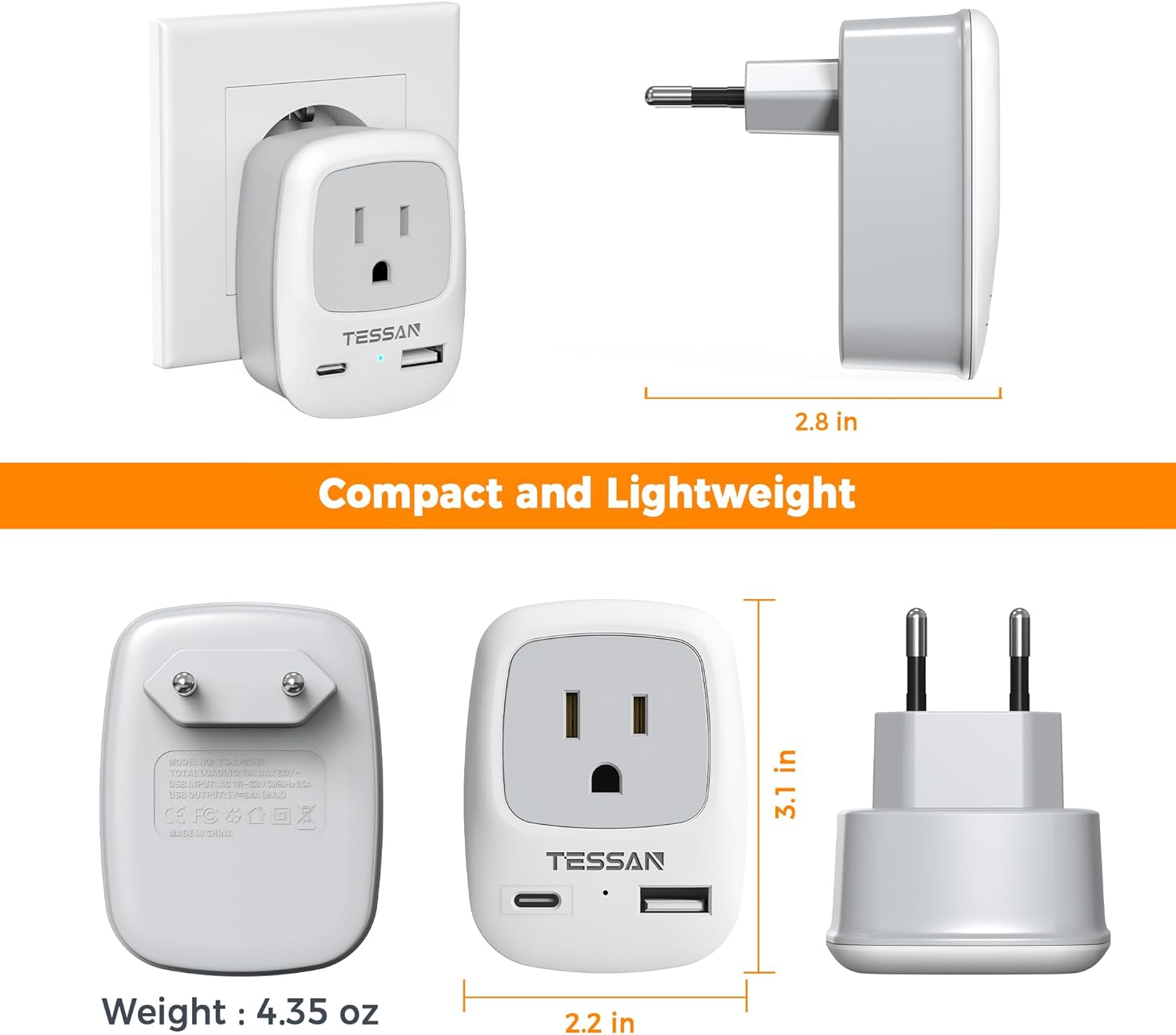 TESSAN International Power Plug with 2 USB Ports (1 USB C)