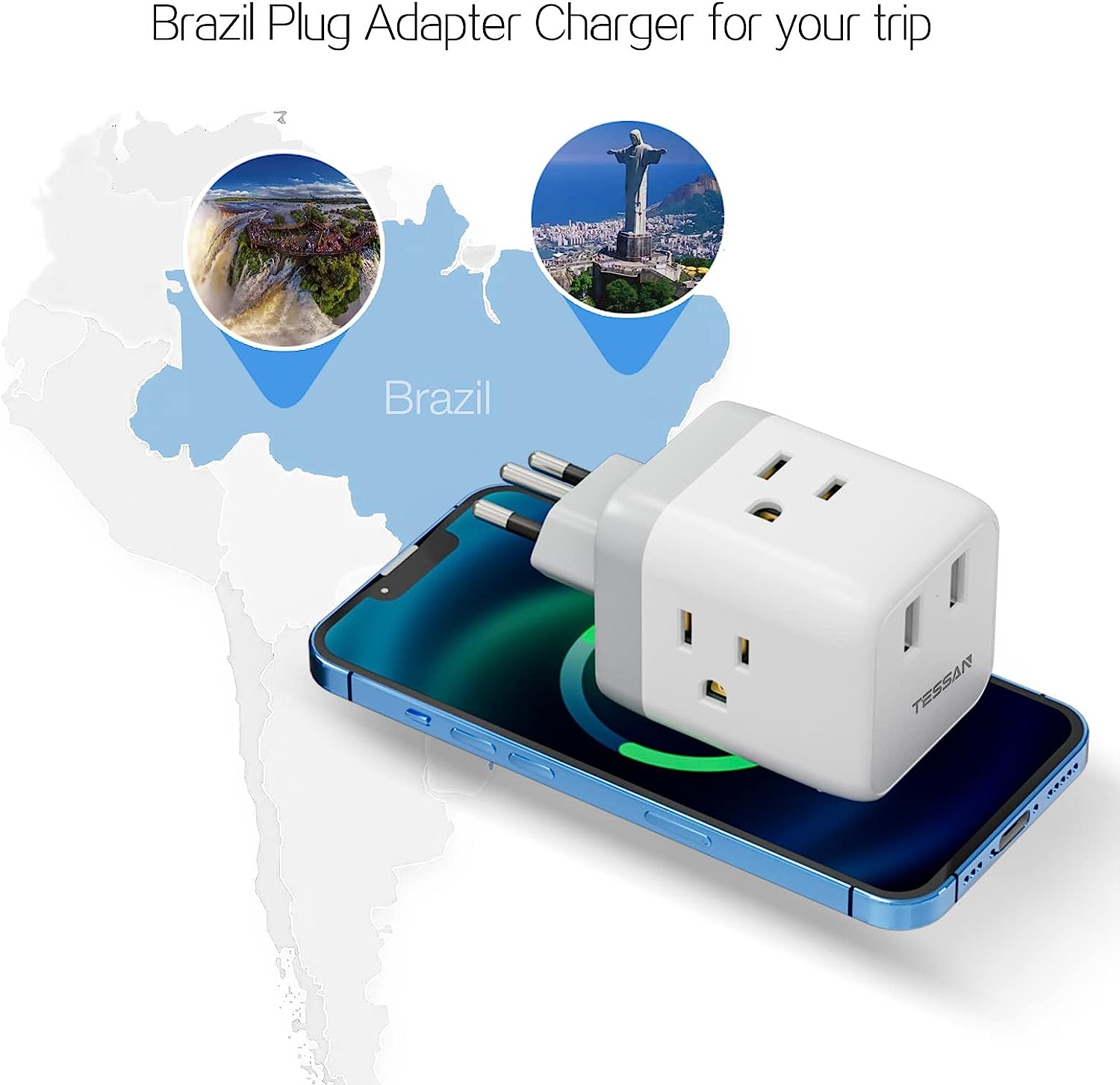TESSAN Brazil Plug Adapter with 3 American Outlets 2 USB Charging Ports