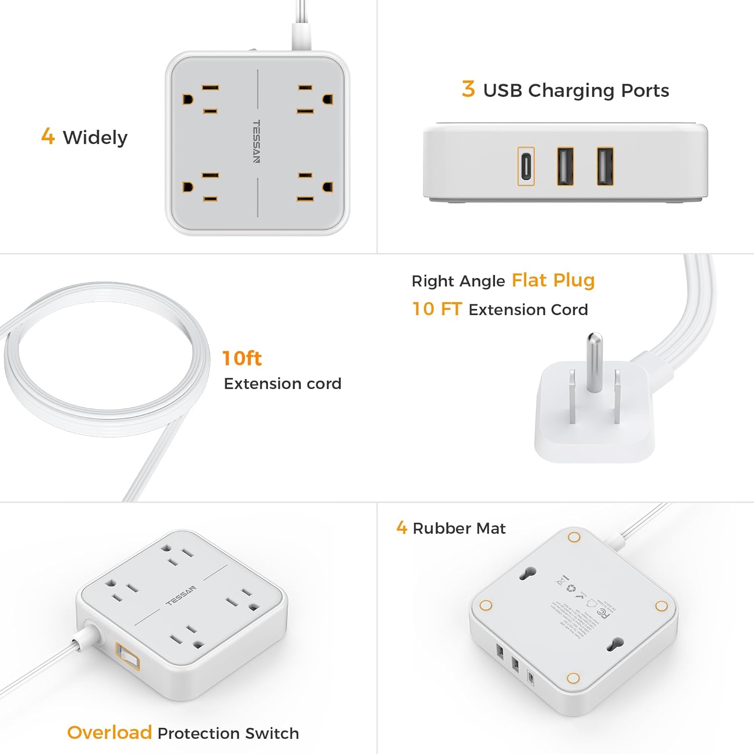 TESSAN Flat Plug Surge Protector Power Strip,5 ft Ultra Thin Extension Cord with 1 USB C