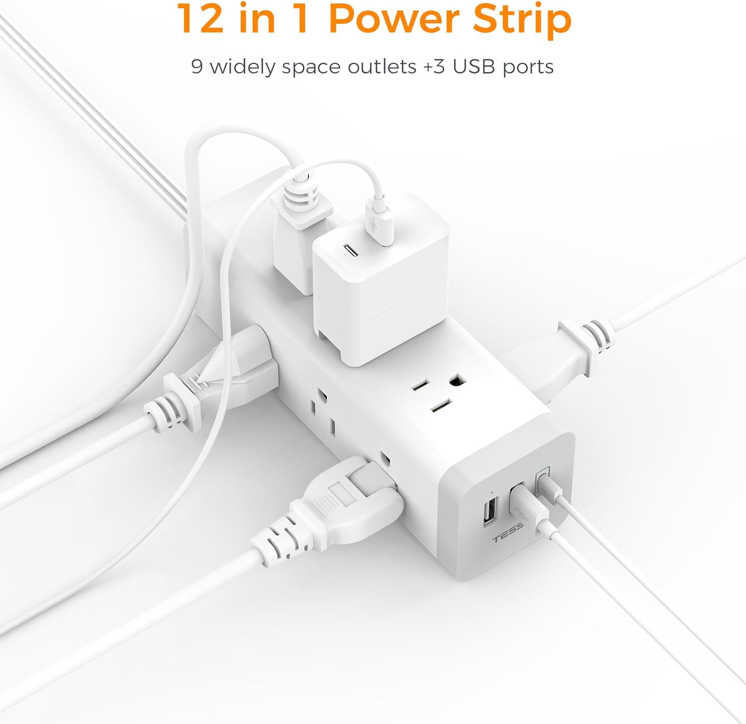 TESSAN Ultra Thin Flat Plug 6 FT Extension Cord with 9 Outlets 3 USB (1 USB C), Surge Protector Power Strip