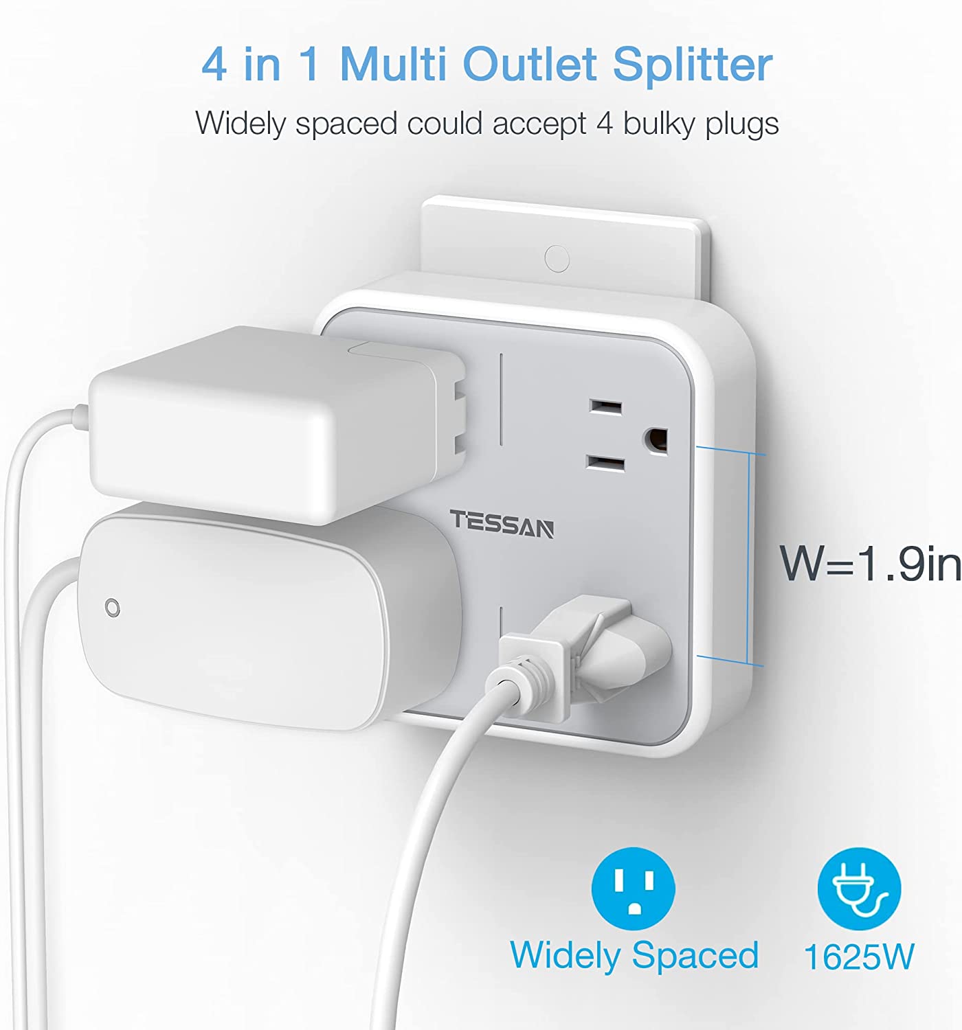TESSAN Widely Spaced Outlet Extender with 4 Electrical Outlets, 4 in 1 Multi Plug Outlet