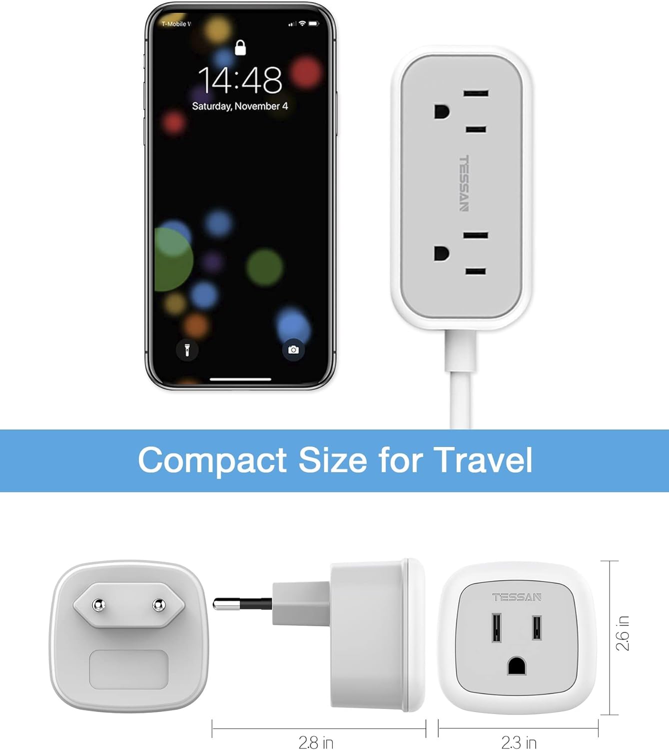 TESSAN European Travel Plug Adapter with Power Strip, EU UK Travel Extension Cord with 2 Outlet 3 USB