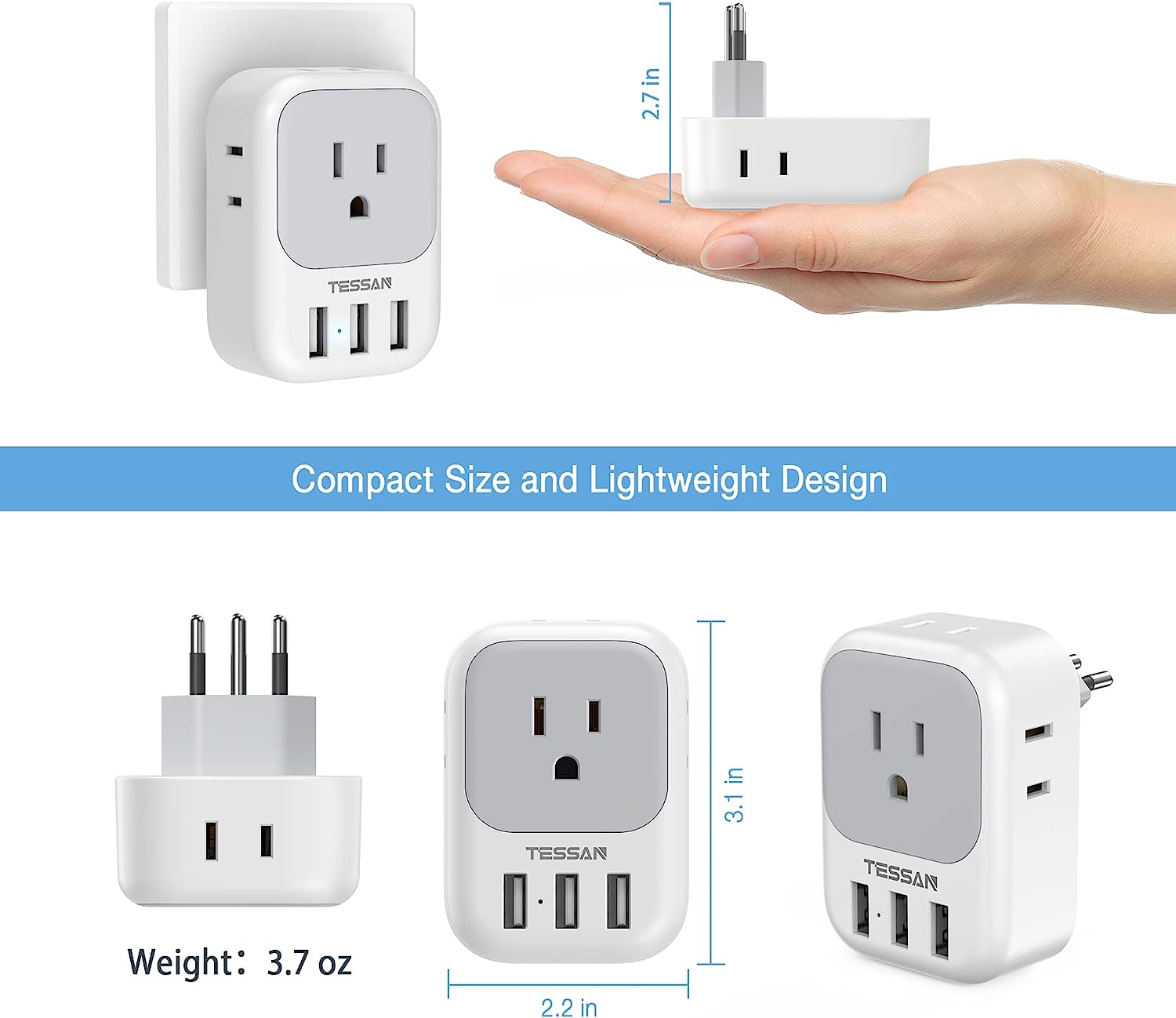 TESSAN Brazil Power Plug Adapter with 4 American Outlets and 3 USB Charging Ports