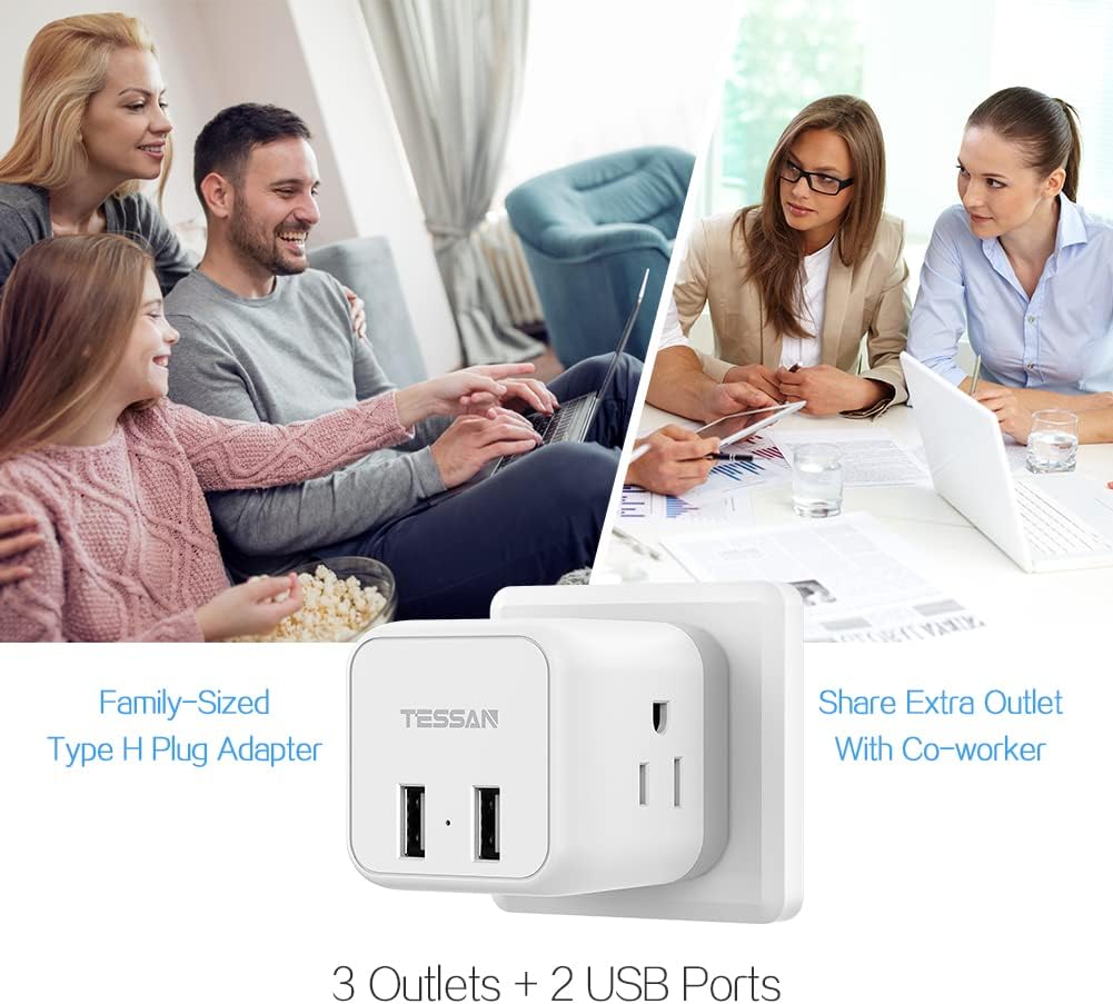 TESSAN US to Israel Plug Adapter with 3 Outlets 2 USB Charging Ports