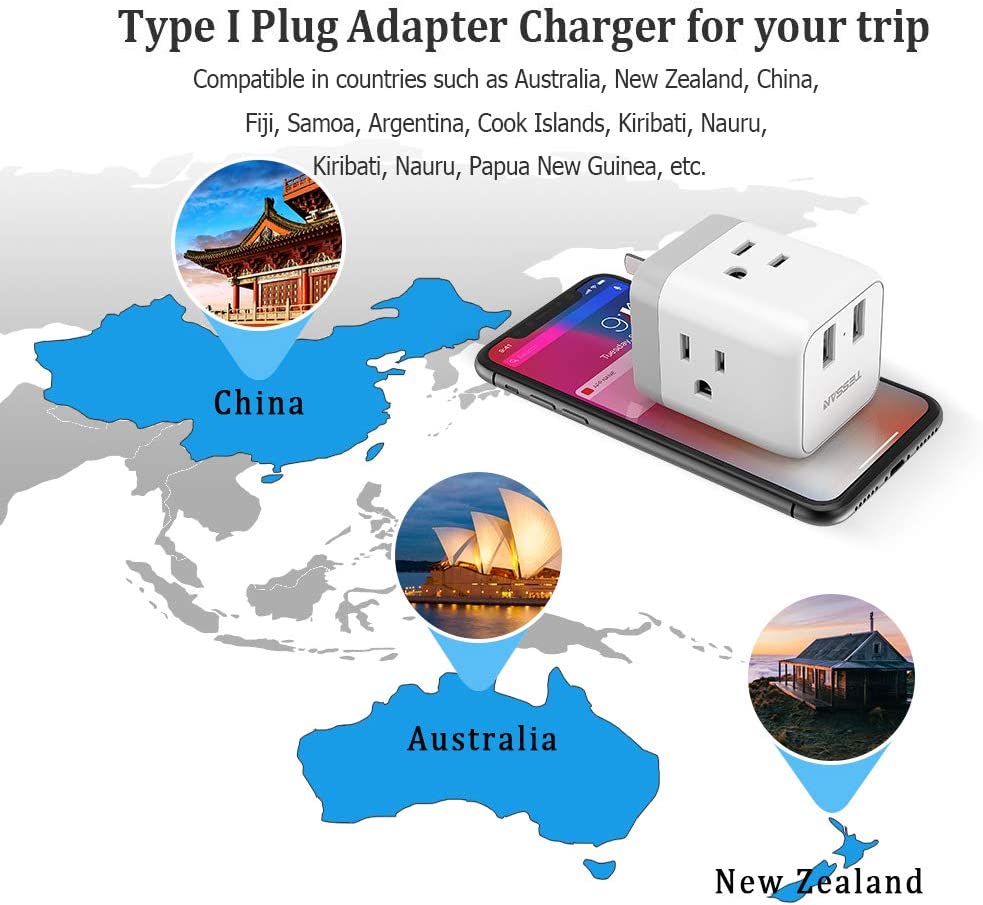 US To Australia/China Travel Plug Adapter With 3 Outlets 2 USB Ports (Type I Plug)