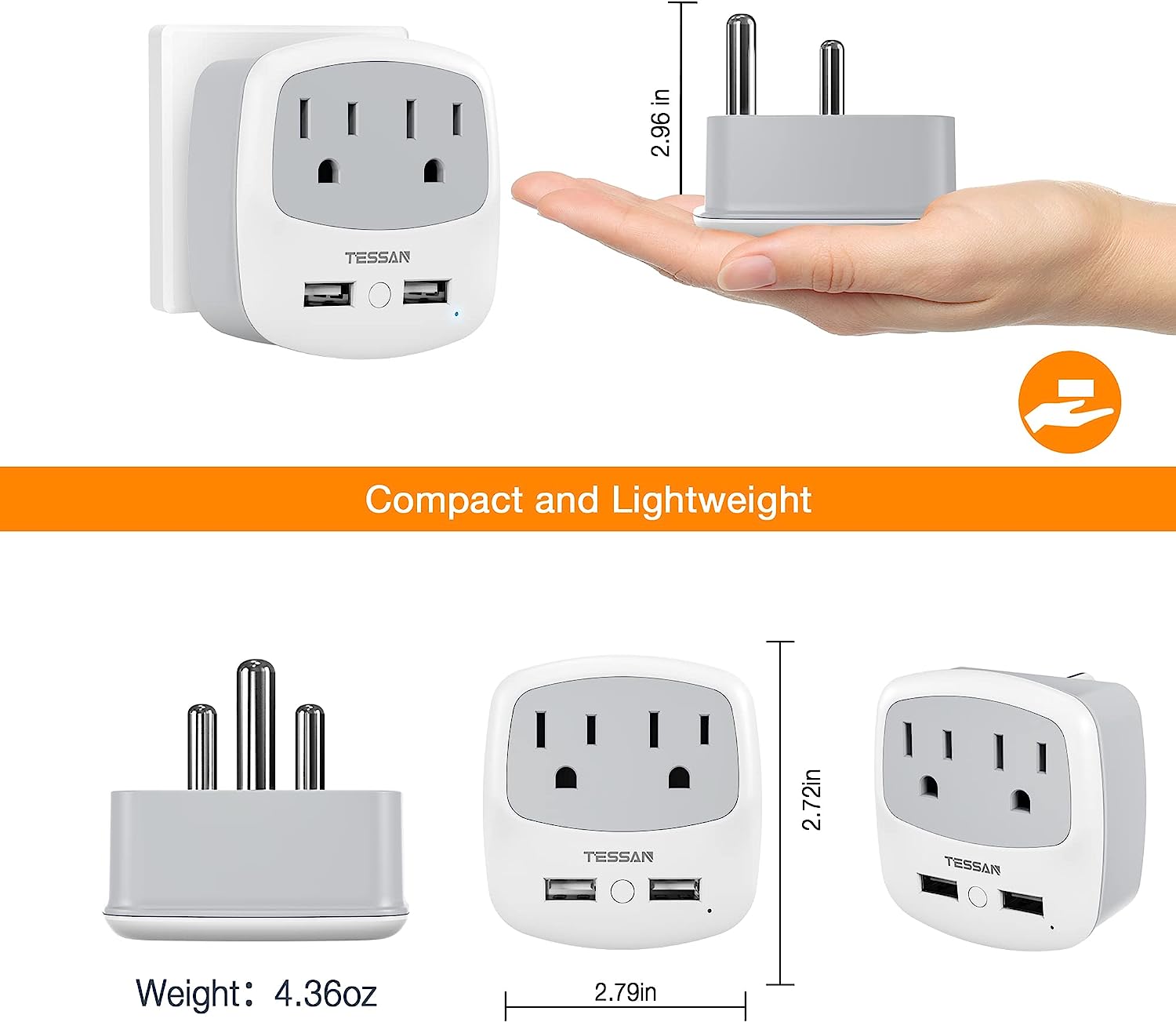 TESSAN South Africa Power Adapter with 2 USB Charger 2 AC Outlets Converter