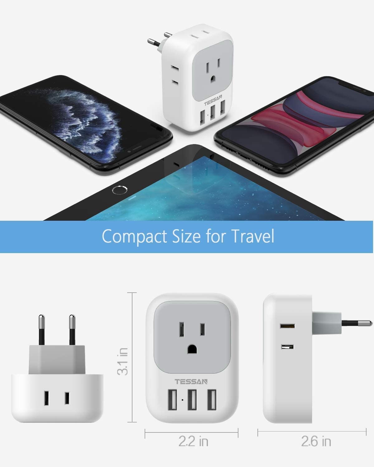 US to Europe Power Adapter with 4 AC Outlets and 3 USB, 2 Pack