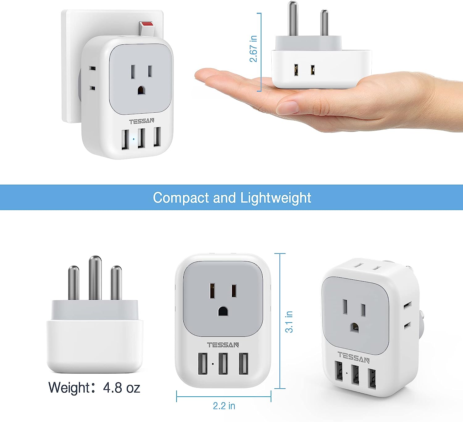 TESSAN South Africa Power Adapter with 4 AC Outlets 3 USB Ports