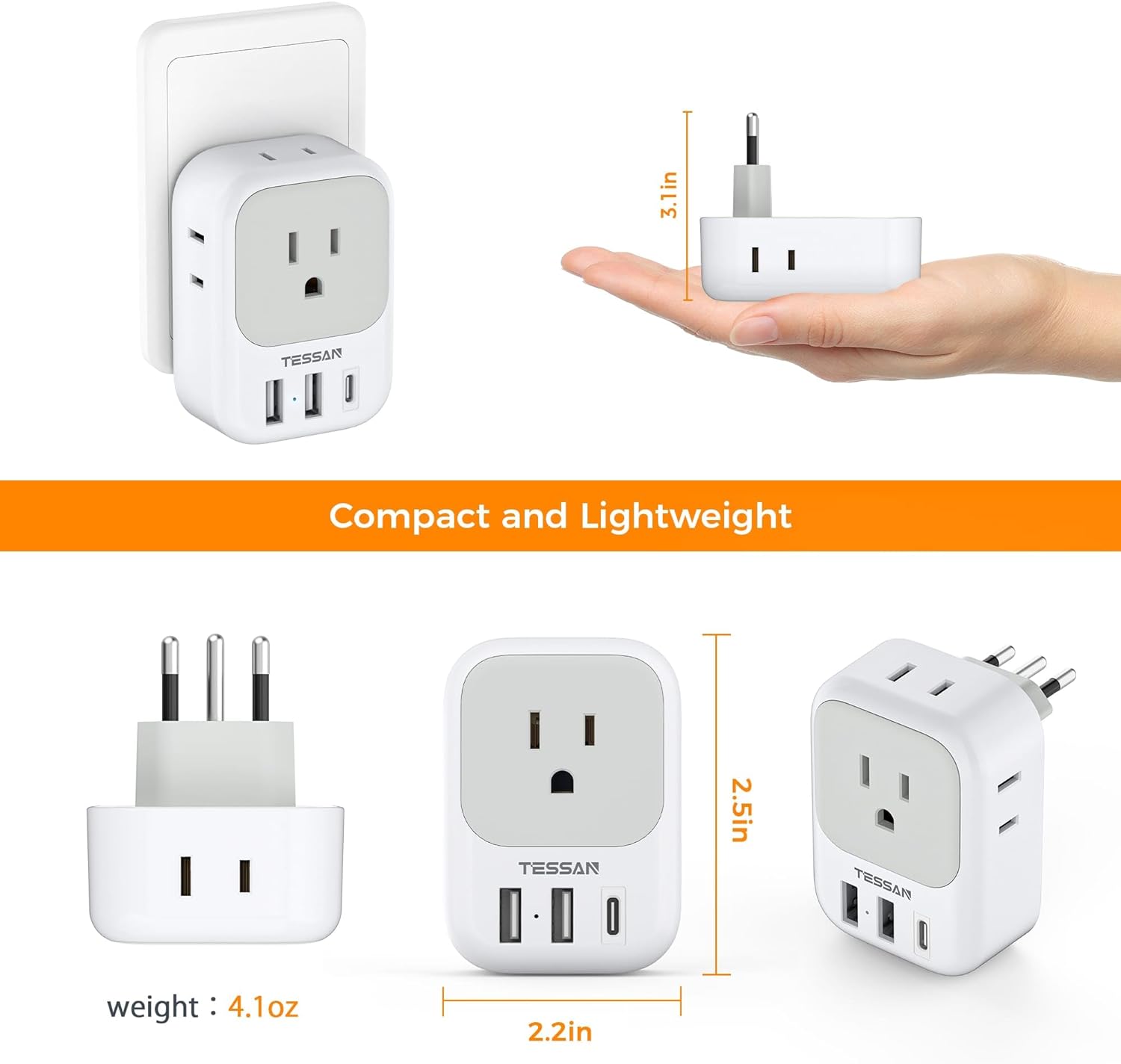 TESSAN Italy Power Adapter with 4 Outlets 3 USB Charger (1 USB C Port), Italy Travel Plug Adapter 2 Pack