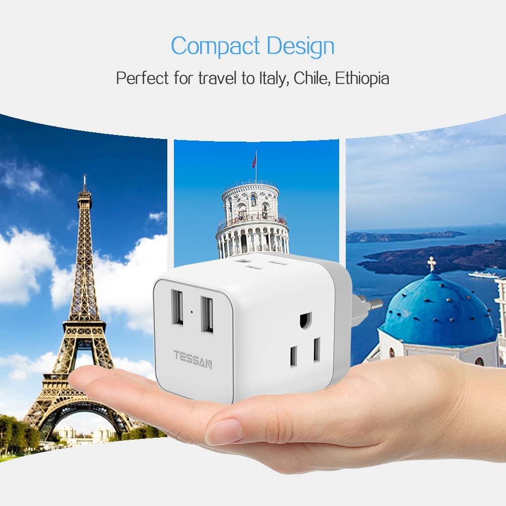 US To Italy Travel Plug Adapter With 3 Outlets 2 USB Ports (Type L Plug)