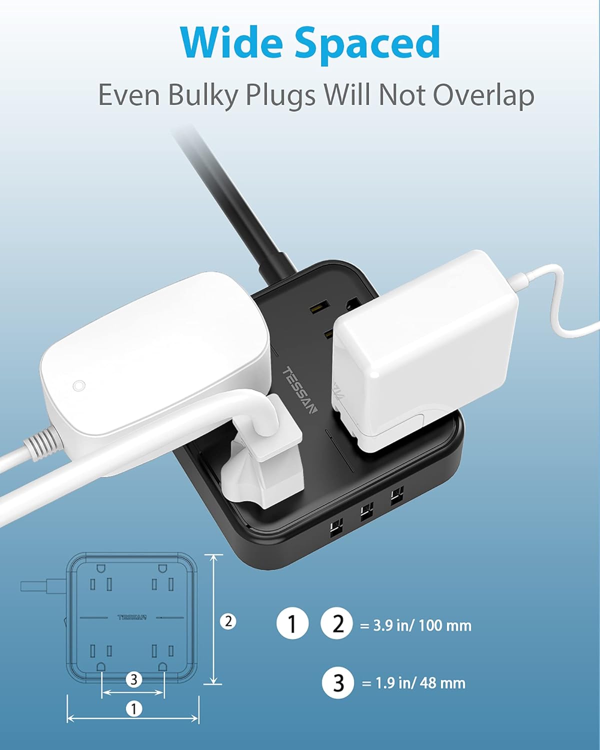 TESSAN Flat Plug Power Strip with Long Cord, 4 Widely Spaced Outlets and 3 USB Ports, Extension Cord 15 FT