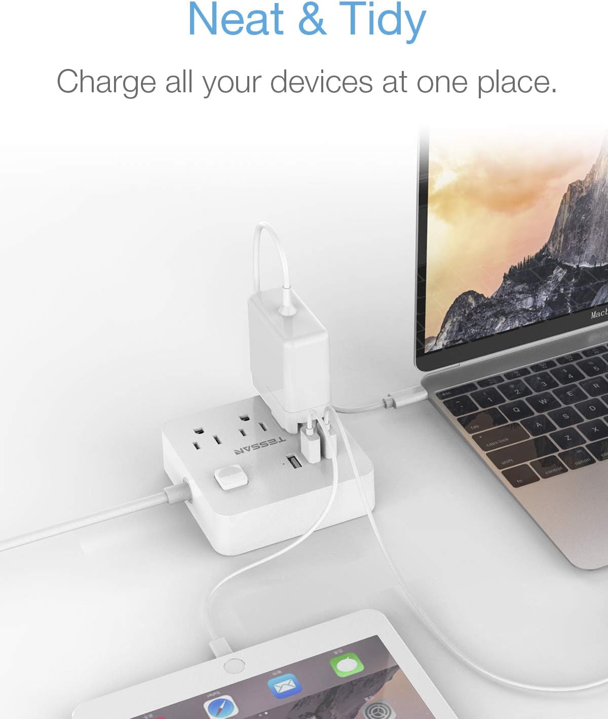 TESSAN Power Strip With 3 USB C Ports, Surge Protection, Convenient ON/OFF Switch