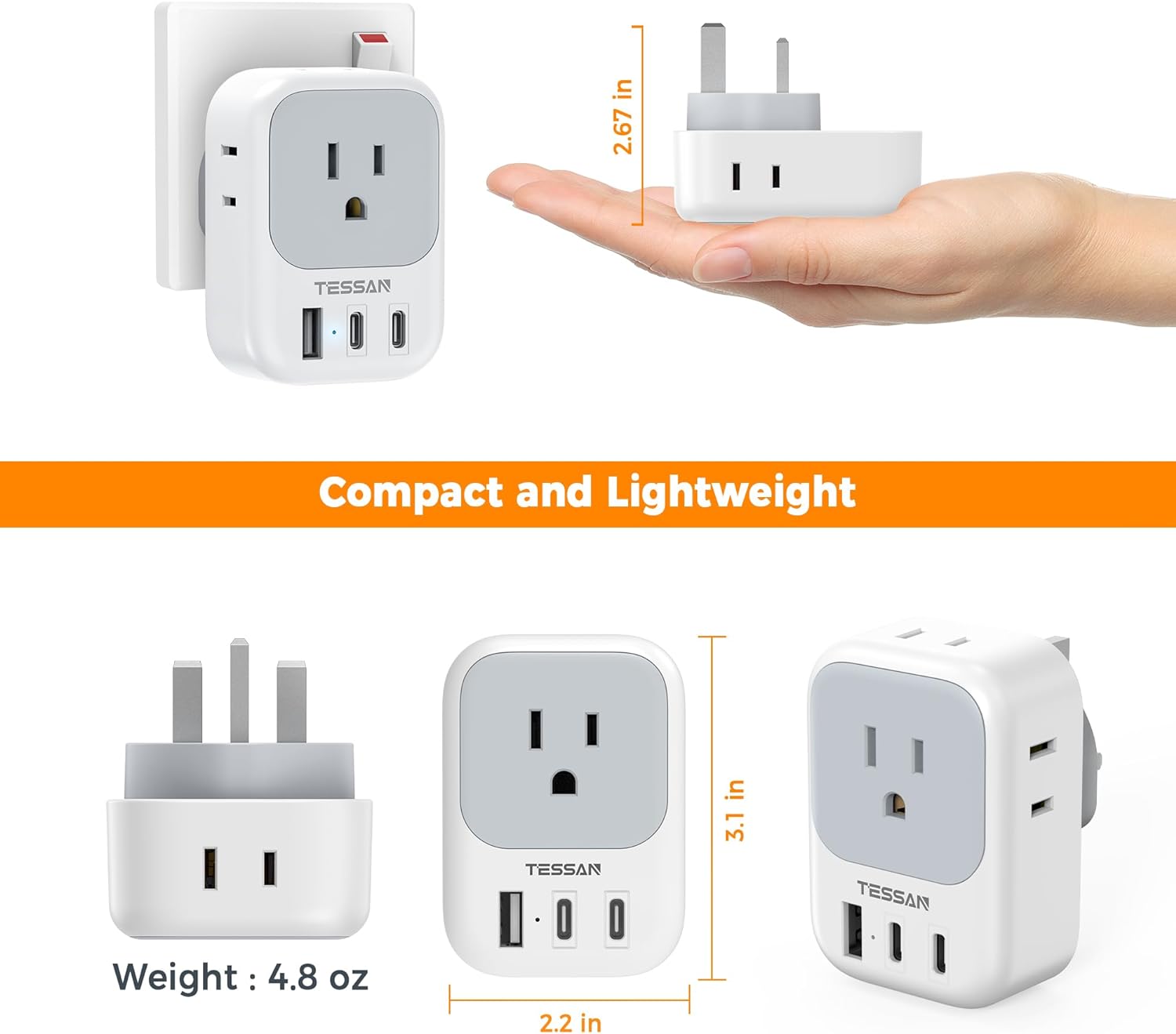 TESSAN US to UK Travel Adapter with 4 Outlets 2 USB C ports(Type G)