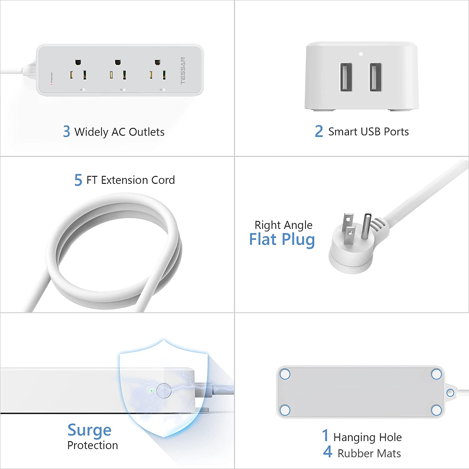 TESSAN WiFi Extension Cord with 3 Individually Remote Controlled Outlets Socket 2 USB