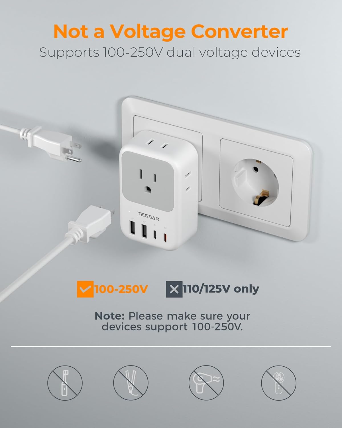 TESSAN Type F Travel Plug Adapter with 20W USB-C Charging