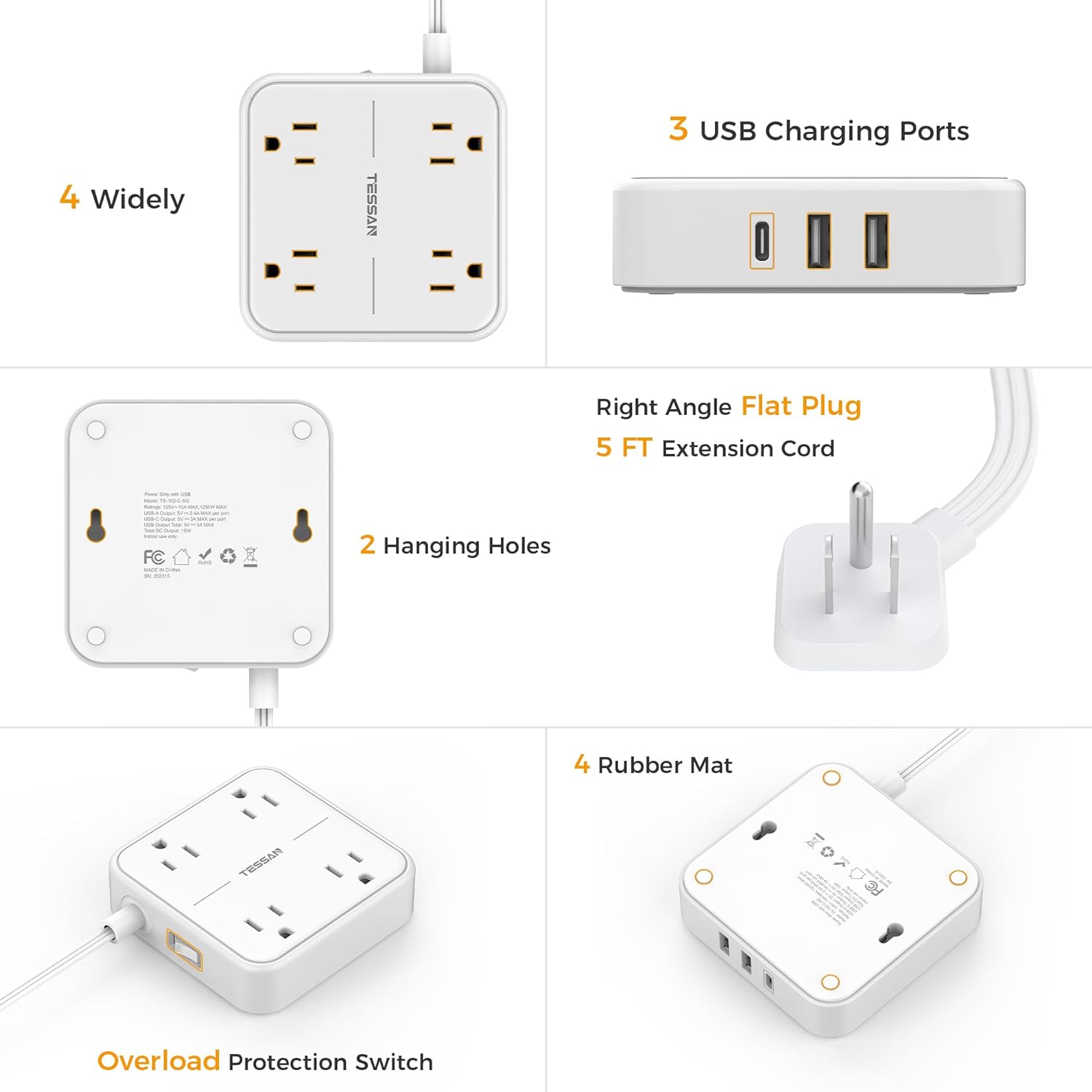 TESSAN Surge Protector Power Strip 10 Feet with 4 Outlets 3 USB Wall Charger (1 USB C), Flat Extension Cord 10 FT