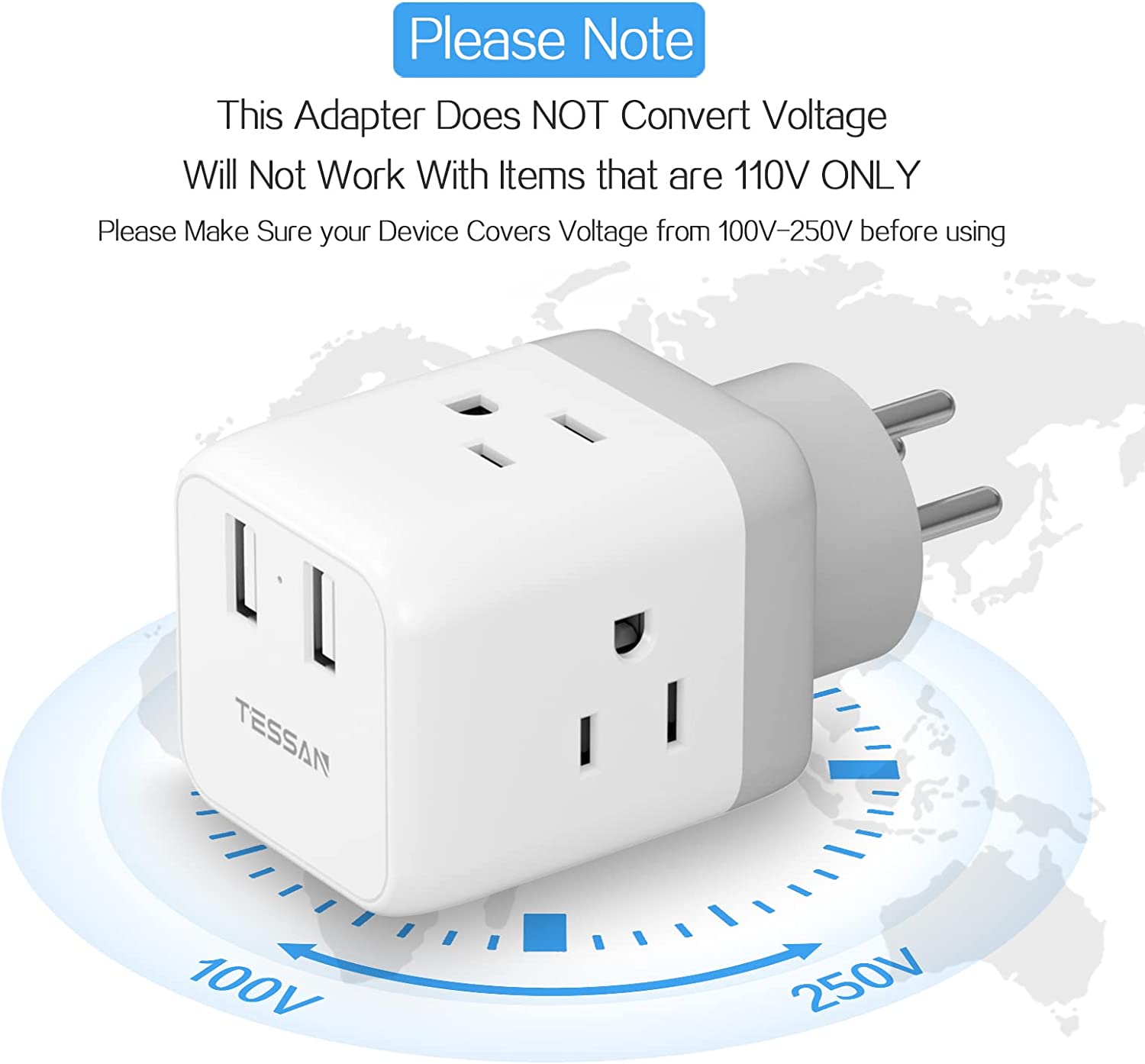 TESSAN US to Israel Plug Adapter with 3 Outlets 2 USB Charging Ports