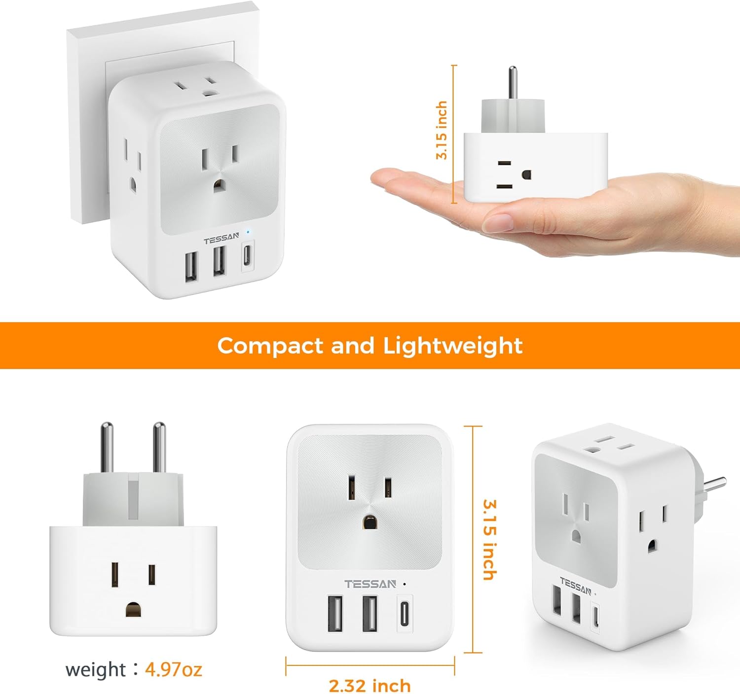 TESSAN Germany France Travel Power Adapter, Schuko Plug Adaptor with 4 Outlets 3 USB Charger (1 USB C Port)