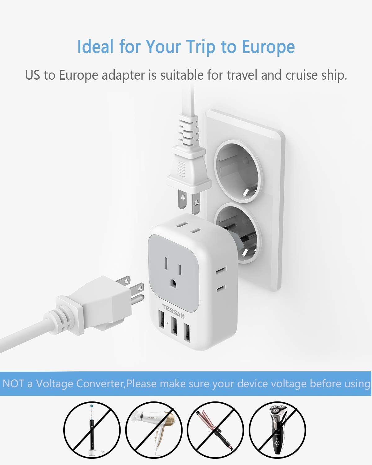US to Europe adapter is suitable for travel and cruise ship