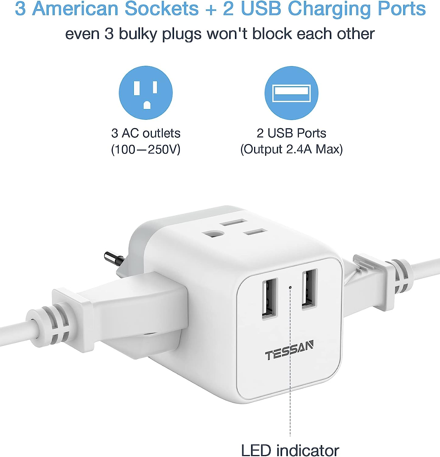 TESSAN US to Switzerland Travel Power Adaptor with 3 Outlets 2 USB Ports