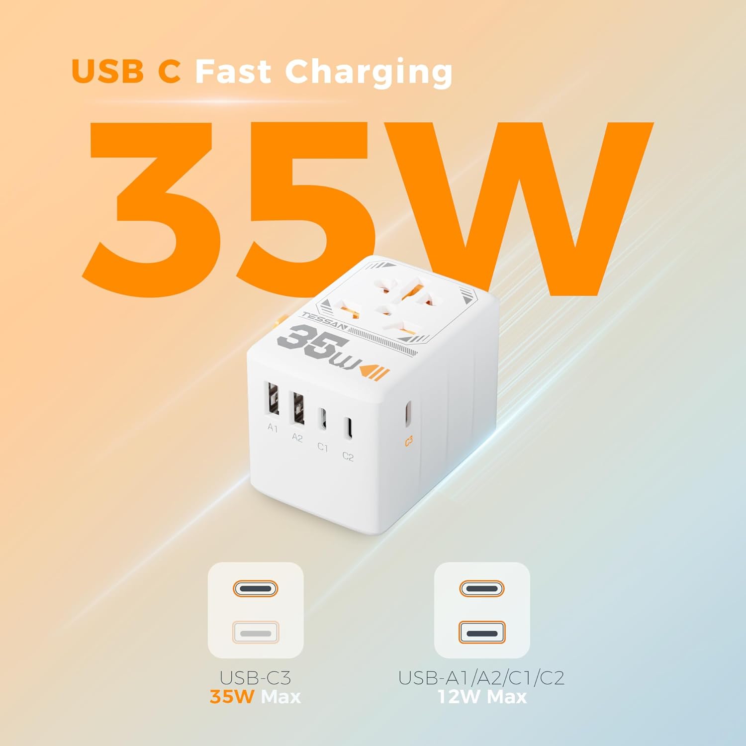 TESSAN 35W Universal Travel Adapter with 3 USB C and 2 USB A Charging Ports