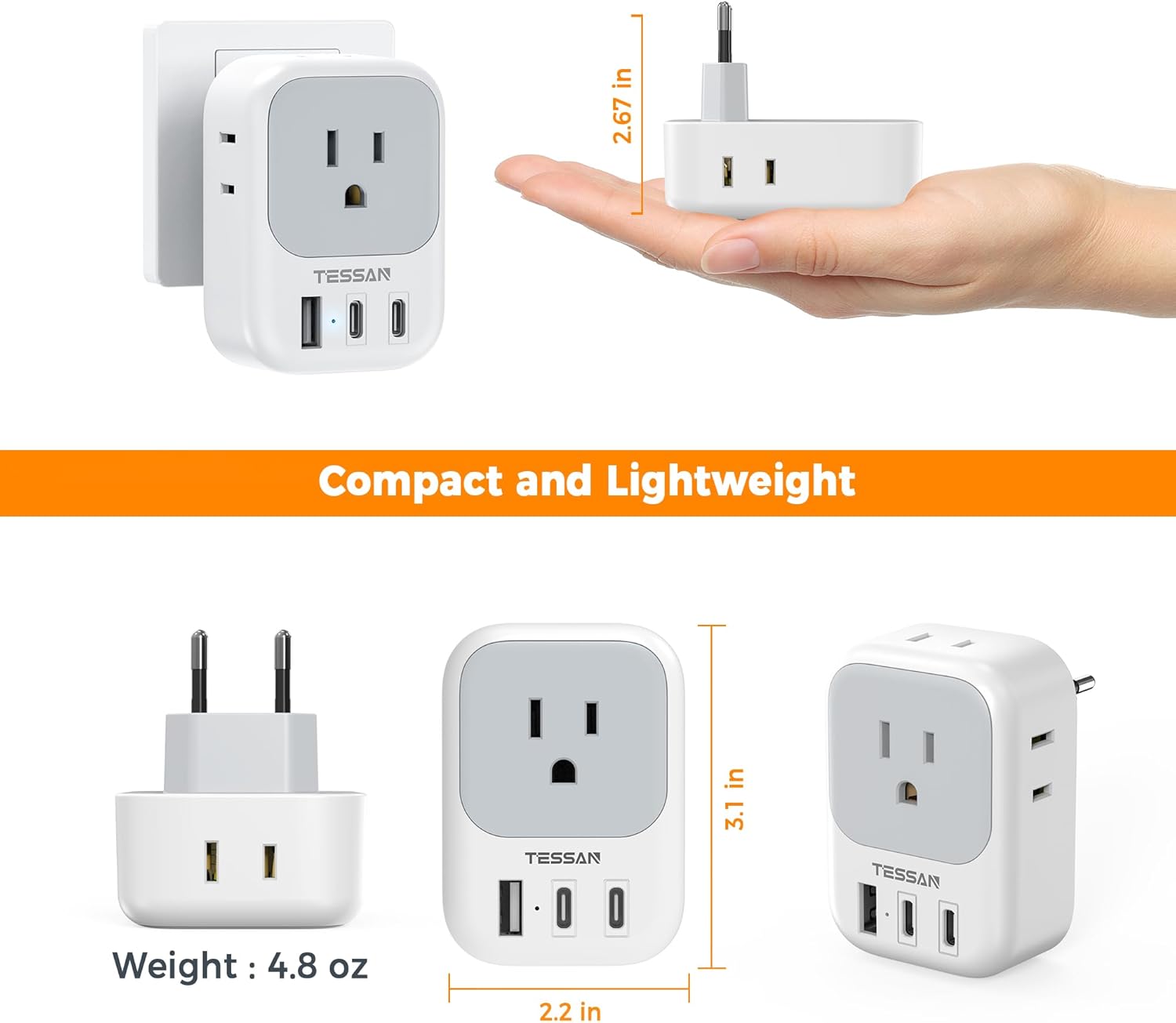 TESSAN Type C Travel Adaptor with 4 Electrical Outlets 3 USB Ports (2 USB C)