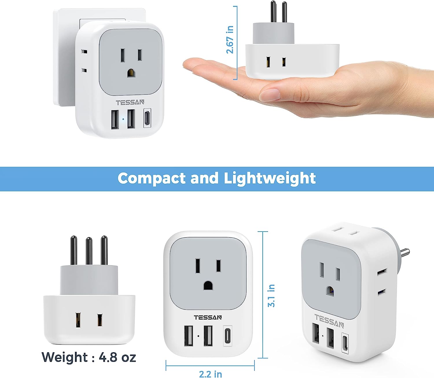 TESSAN US to Israel Plug Adapter with 4 American Outlets 3 USB Charger (1 USB C Port)