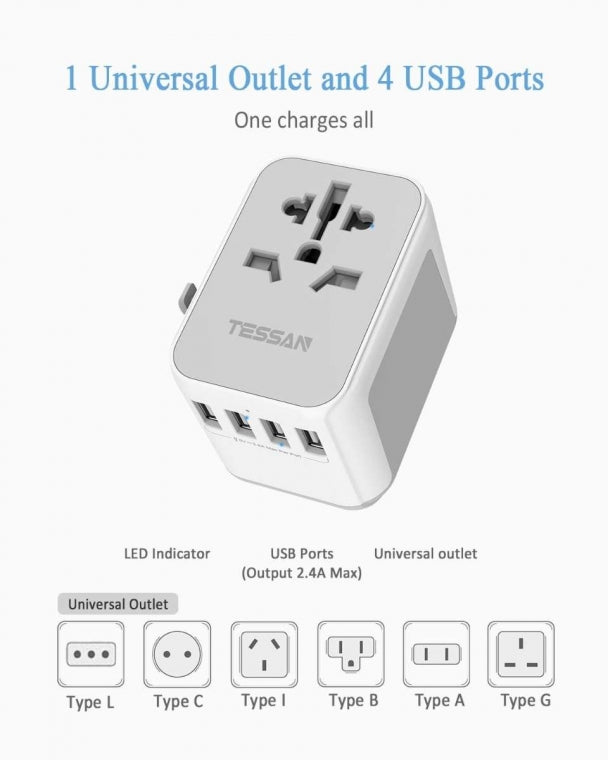 Travel Worldwide All in One Wall Charger Converter with 4 USB Outlets