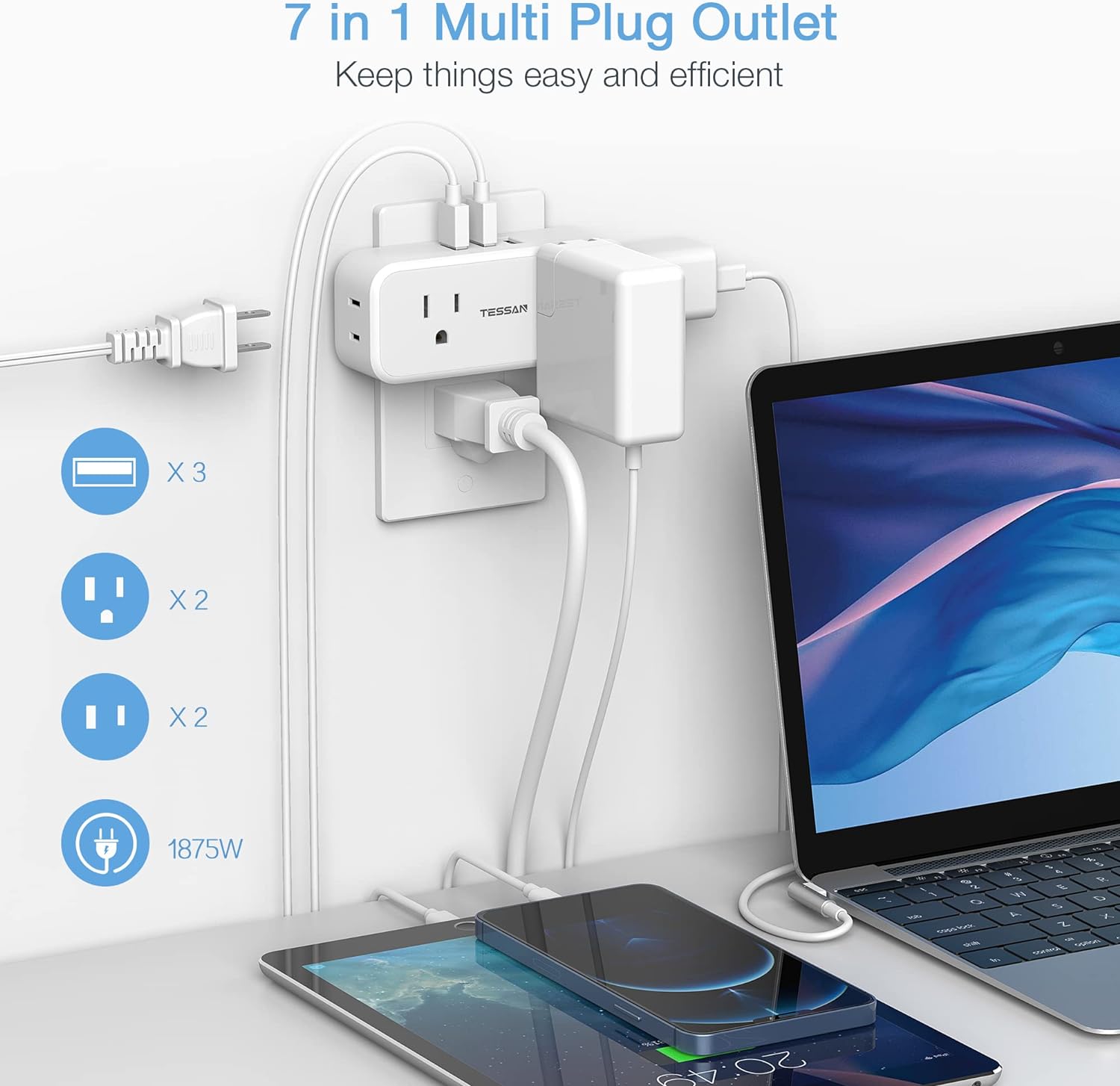 TESSAN 4 Electrical Multiple Outlet Extender with 3 USB Ports, Multi Plug Outlet Splitter with USB