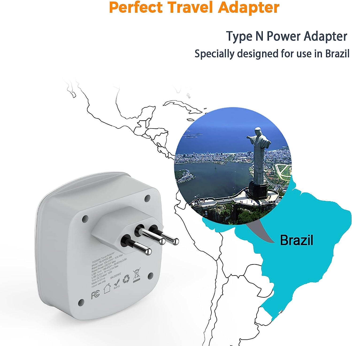 TESSAN Brazil Travel Plug Power Adapter with 2 American Outlets and 2 USB Charging Ports