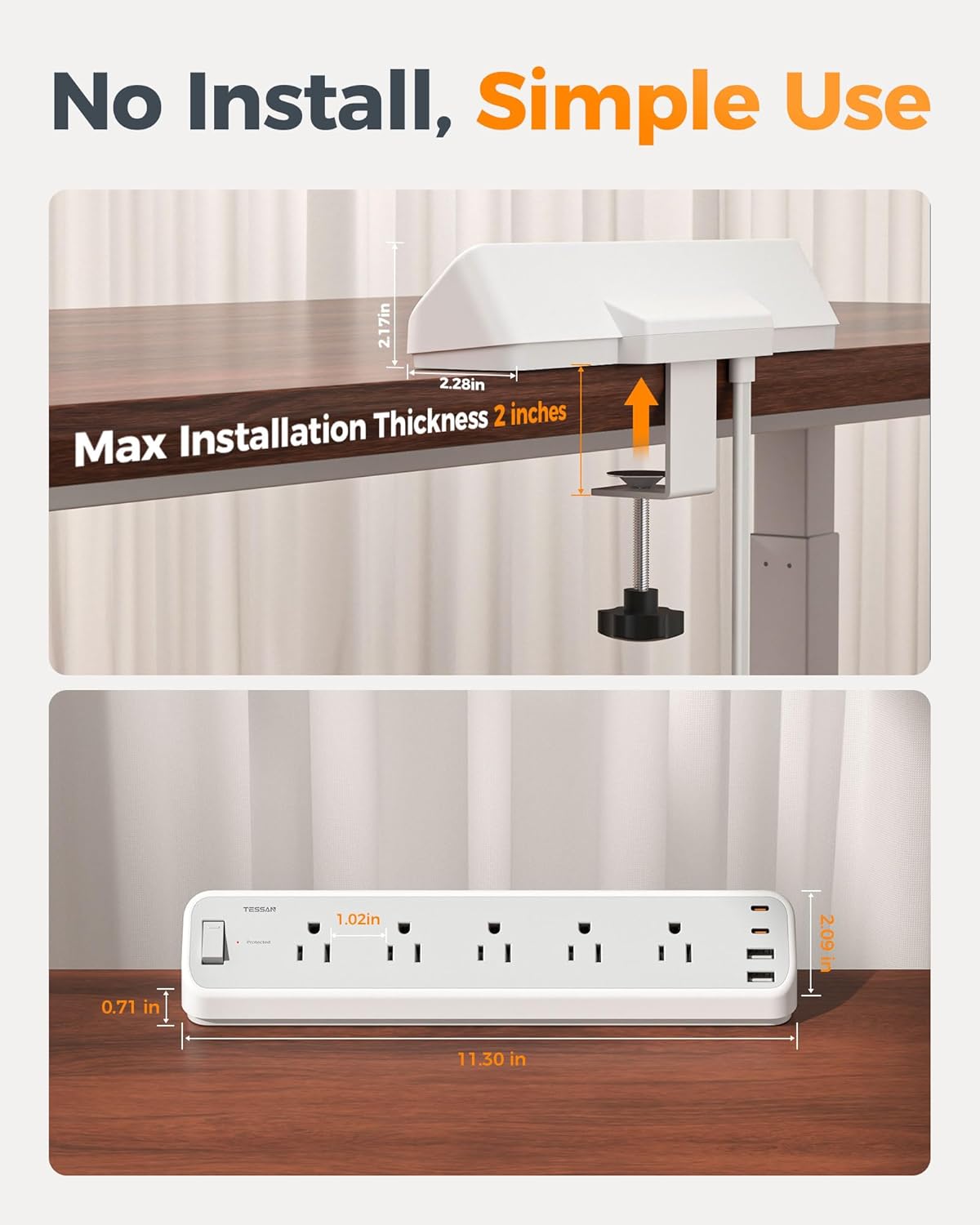 TESSAN Desk Clamp 2100J Surge Protector Power Strip PS06