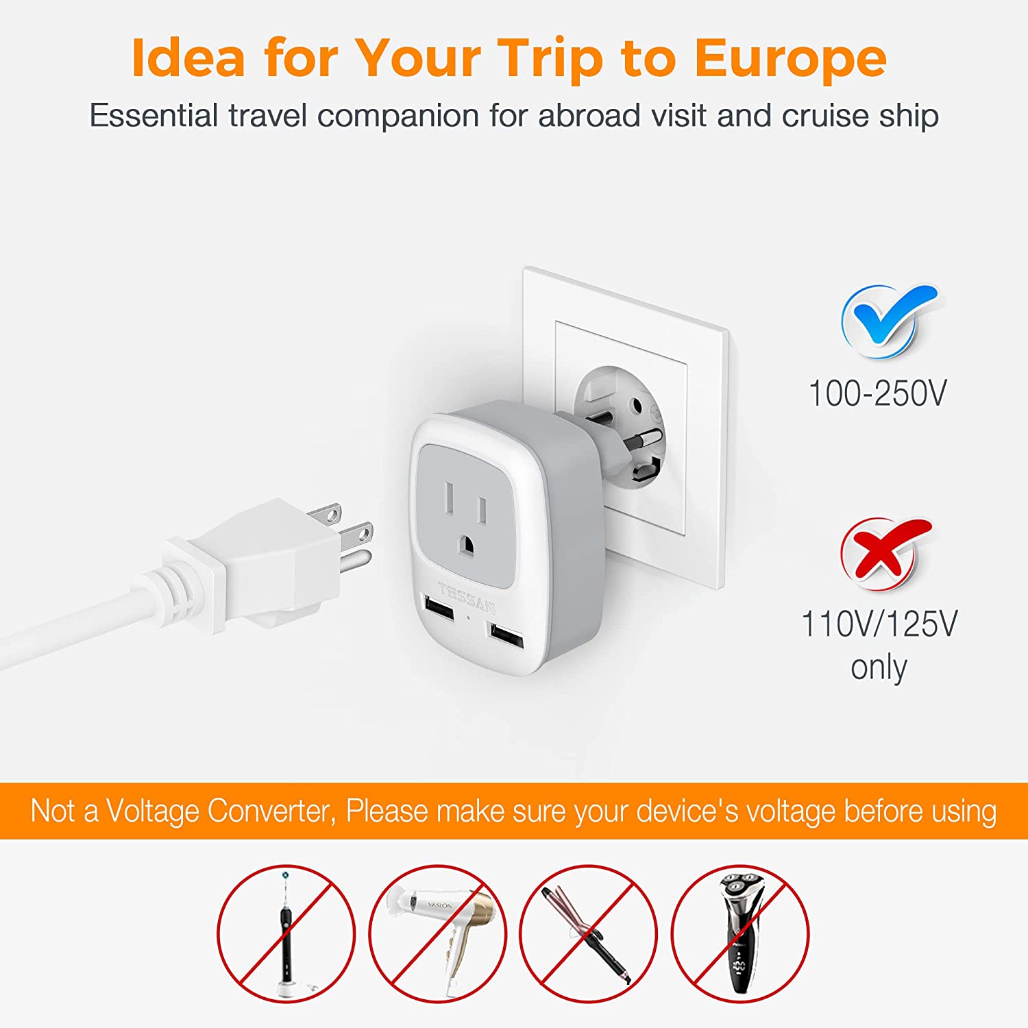 TESSAN International Power Adaptor 2 USB, European Travel Plug Adapter 3 Pack