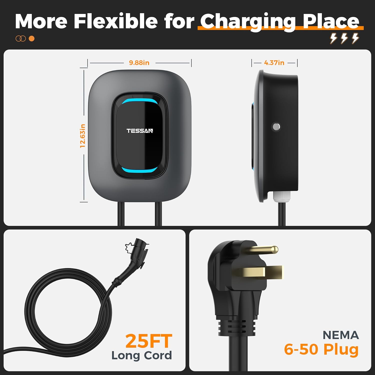 TESSAN 40A 240V Level 2 EV Charger, ETL FCC Energy Star Certified, 25ft Cable, NEMA 6-50 Plug, Wall Mount