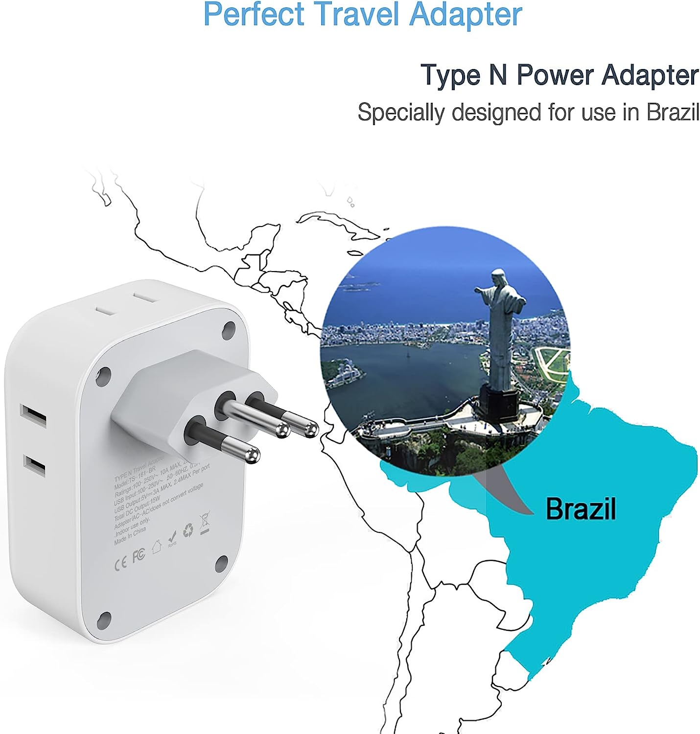 TESSAN Brazil Power Plug Adapter with 4 American Outlets and 3 USB Charging Ports