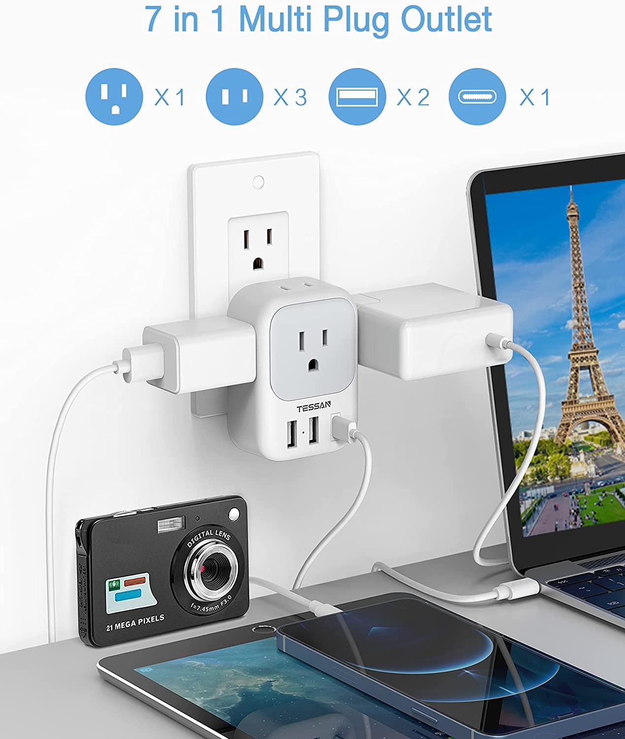 Multi Plug Outlet Extender With 4 Outlet 3 USB Wall Charger (Fast Charging PD 20W)