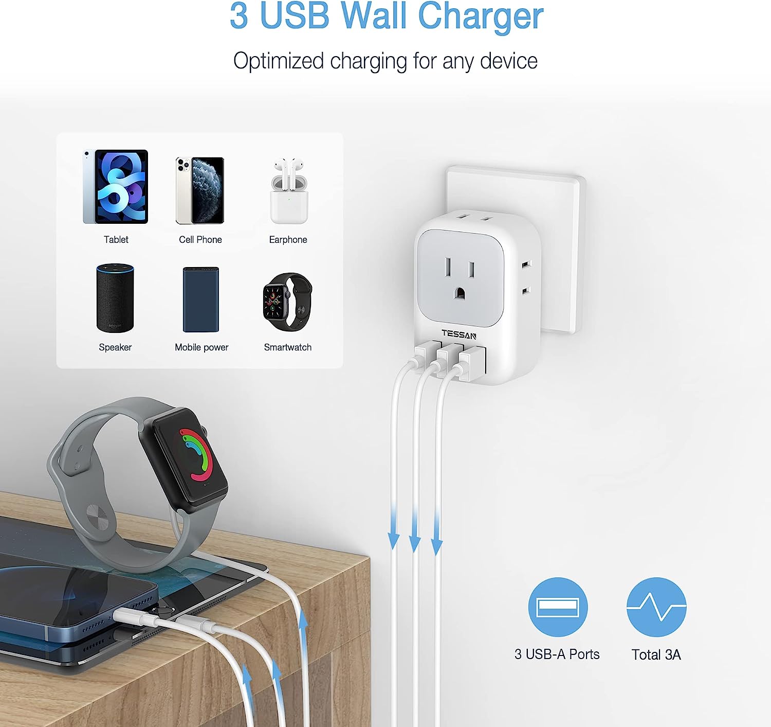 TESSAN South Africa Power Adapter with 4 AC Outlets 3 USB Ports