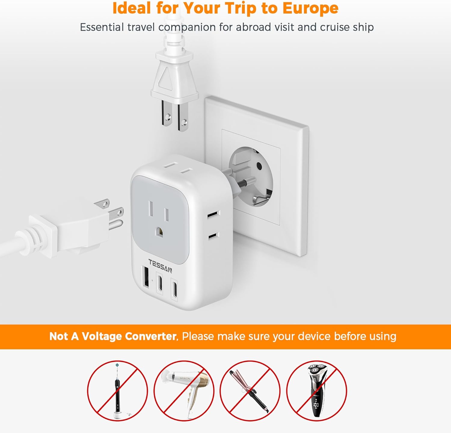 TESSAN Type C Travel Adaptor with 4 Electrical Outlets 3 USB Ports (2 USB C)