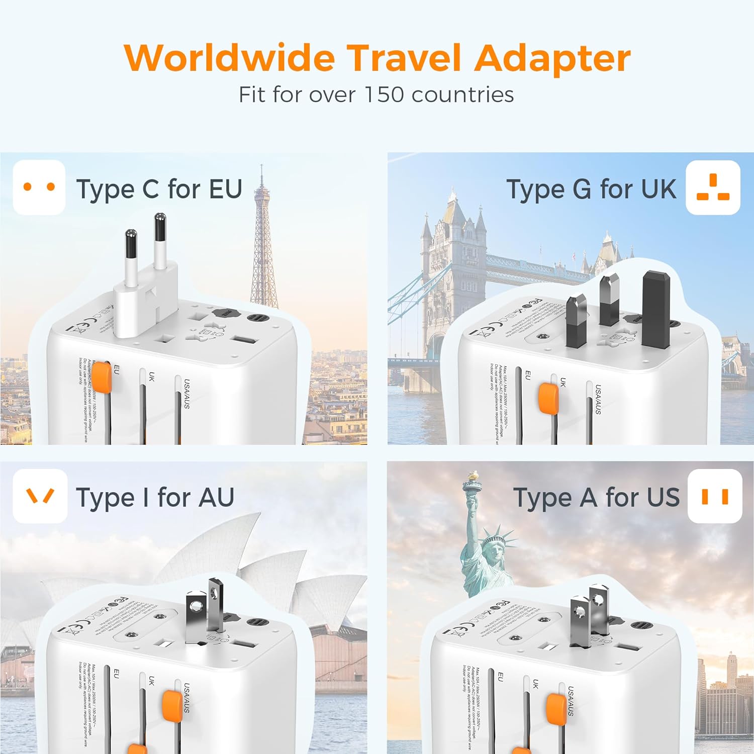 TESSAN International Plug Adaptor with 1 USB C Wall Charger 2 USB A Ports, All-in-one Worldwide Power Outlet